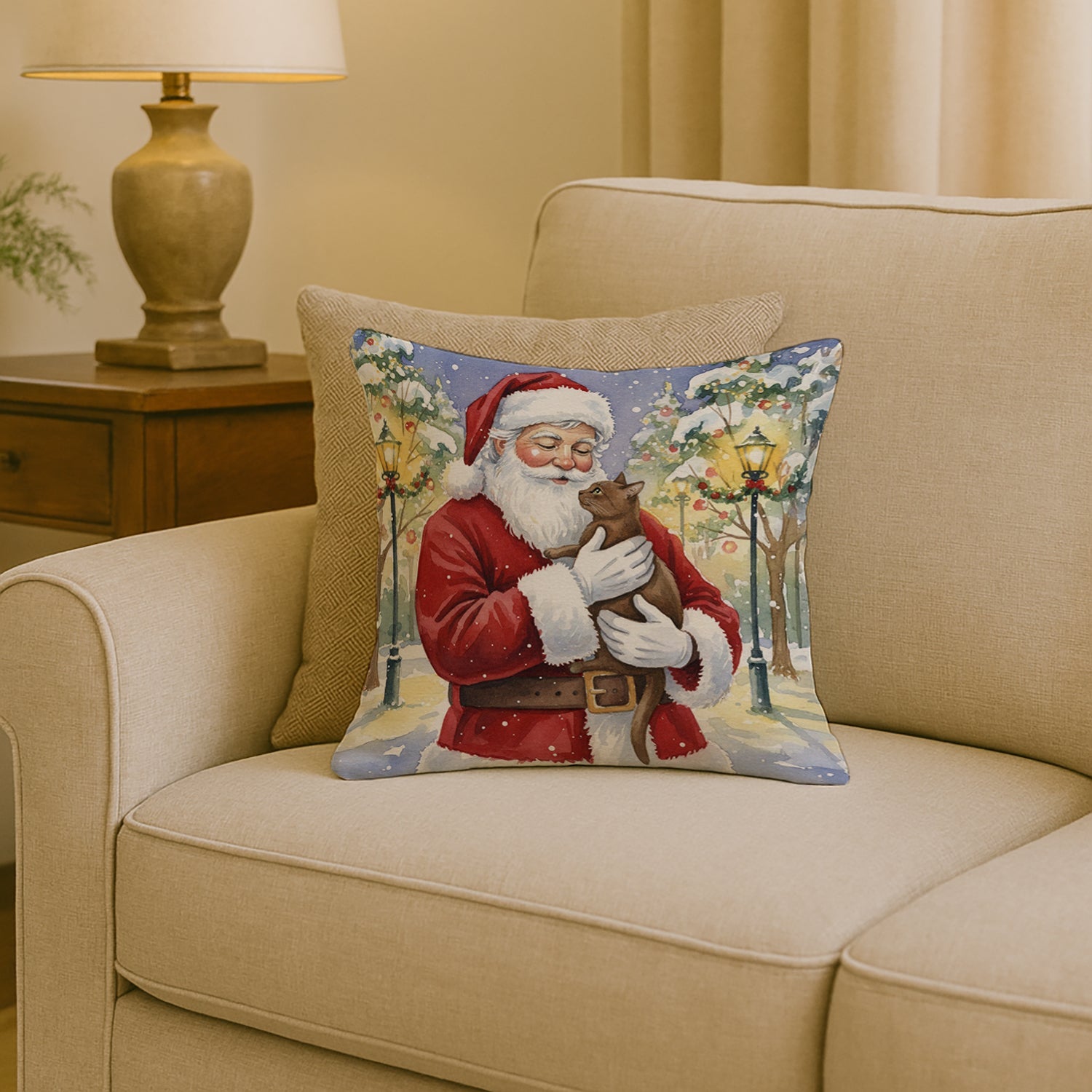 Havana Cat with Santa Claus Decorative Throw Pillow 18x18 Indoor Outdoor Accent Cushion, Fabric Cover with Insert for Sofa, Bed, Porch & Living Room