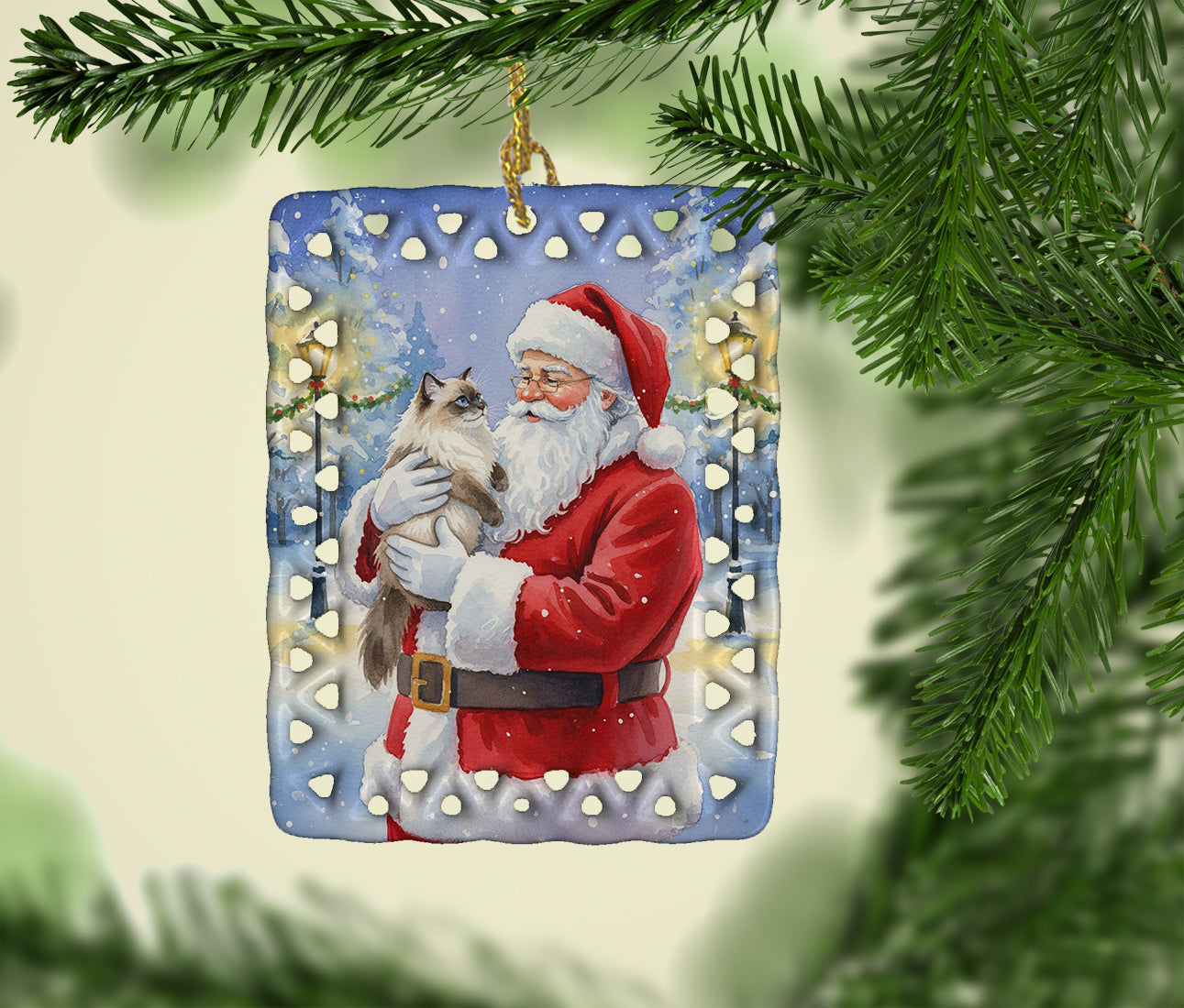 Himalayan Cat with Santa Claus Porcelain Ornament Christmas Tree Hanging Decorations for Home Christmas Holiday, Rectangle, Gift, Multicolor