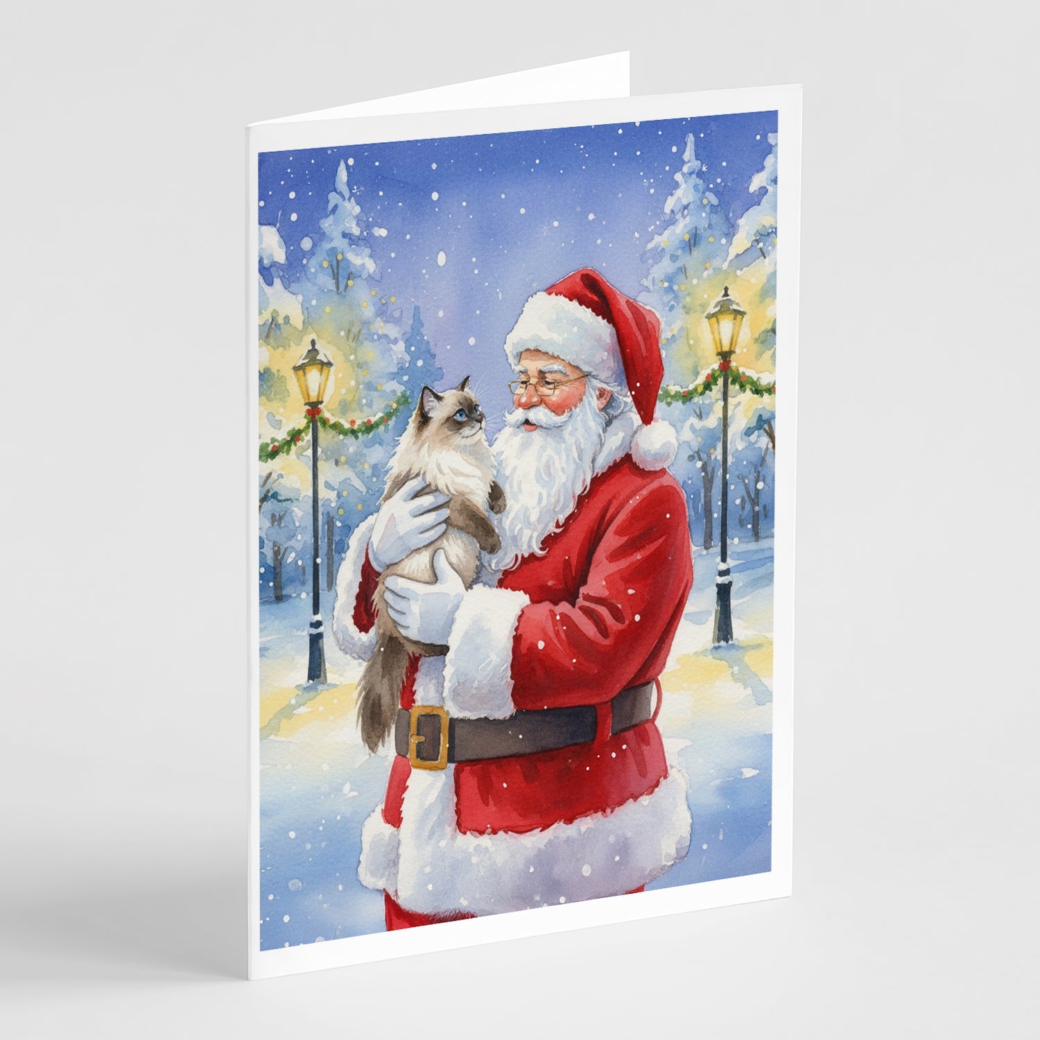 Himalayan Cat with Santa Claus Greeting Cards Pack of 8 Blank Cards with Envelopes Whimsical A7 Size 5x7