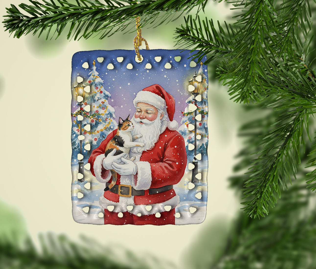 Japanese Bobtail Cat with Santa Claus Porcelain Ornament Christmas Tree Hanging Decorations for Home Christmas Holiday, Rectangle, Gift, Multicolor