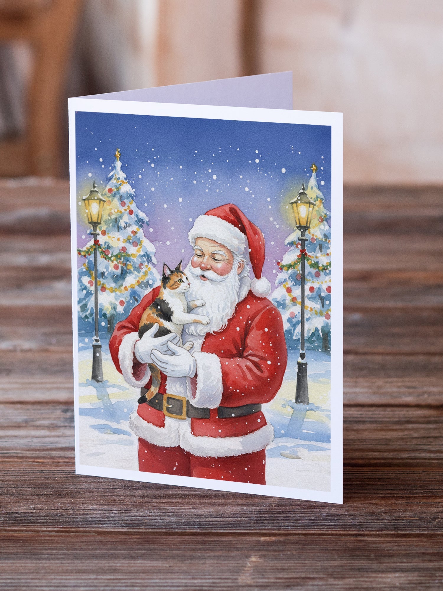 Japanese Bobtail Cat with Santa Claus Greeting Cards Pack of 8 Blank Cards with Envelopes Whimsical A7 Size 5x7