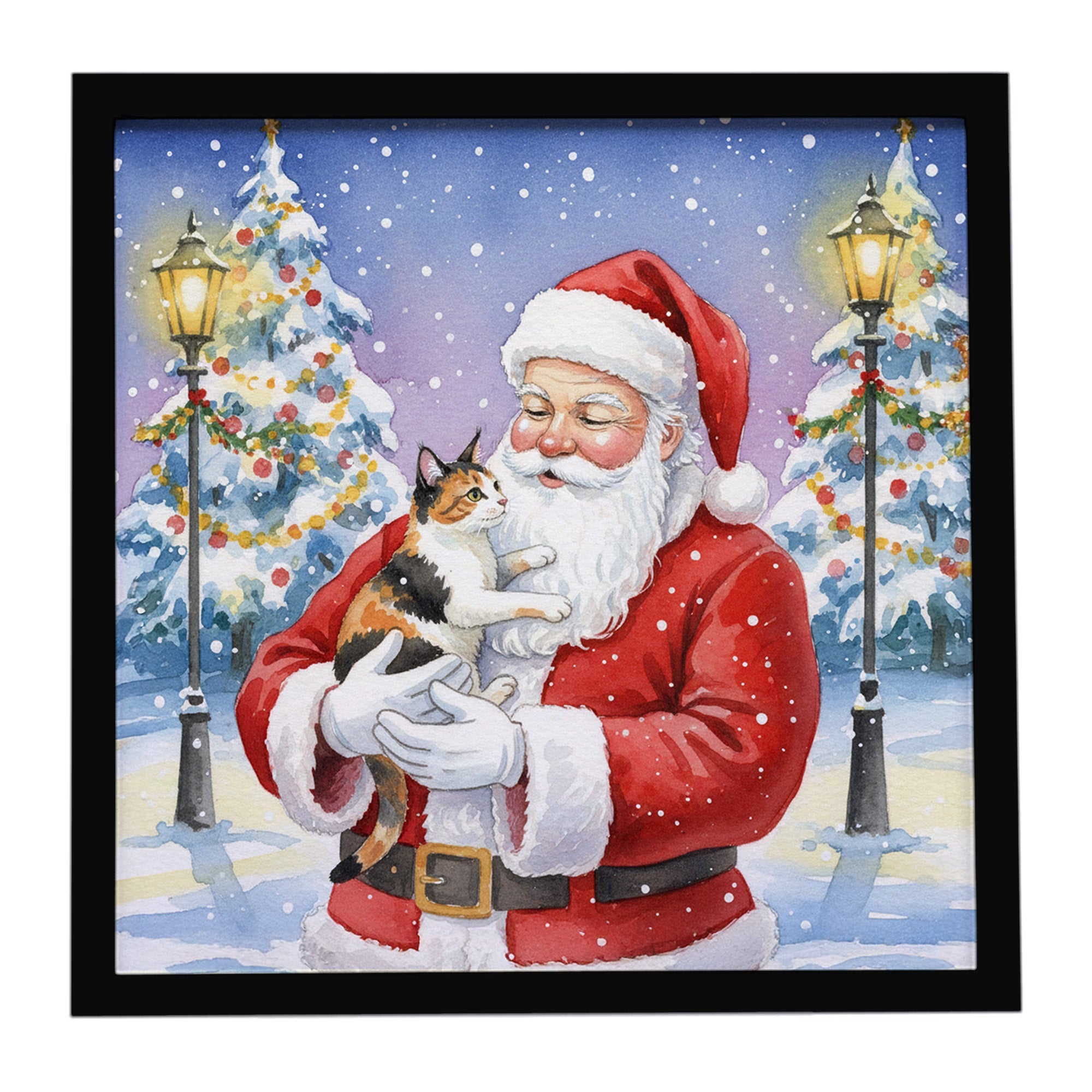 Japanese Bobtail Cat with Santa Claus Framed Metal Print Bathroom, Kitchen, Office, Home Decor Wall Art Ready to Hang, Square, 8X8