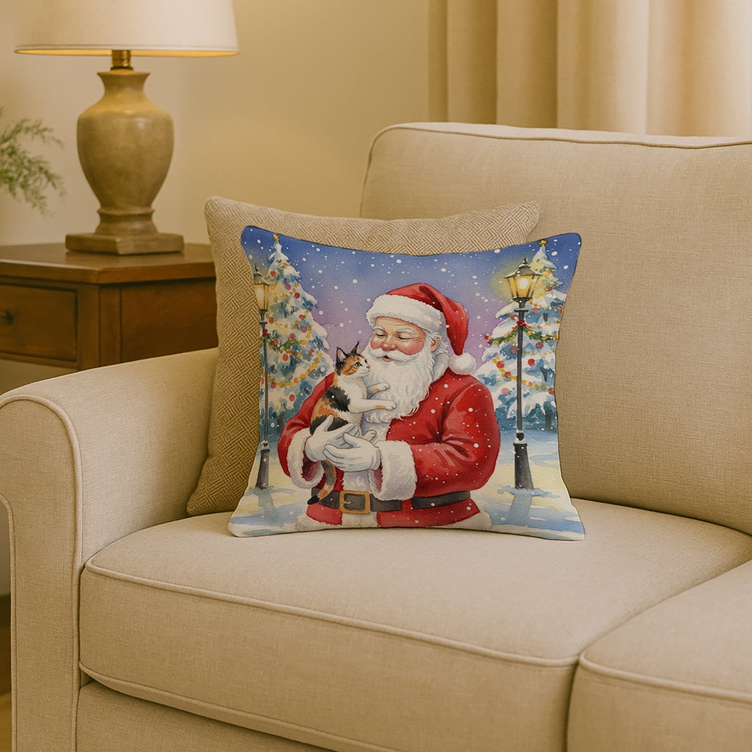 Japanese Bobtail Cat with Santa Claus Decorative Throw Pillow 18x18 Indoor Outdoor Accent Cushion, Fabric Cover with Insert for Sofa, Bed, Porch & Living Room