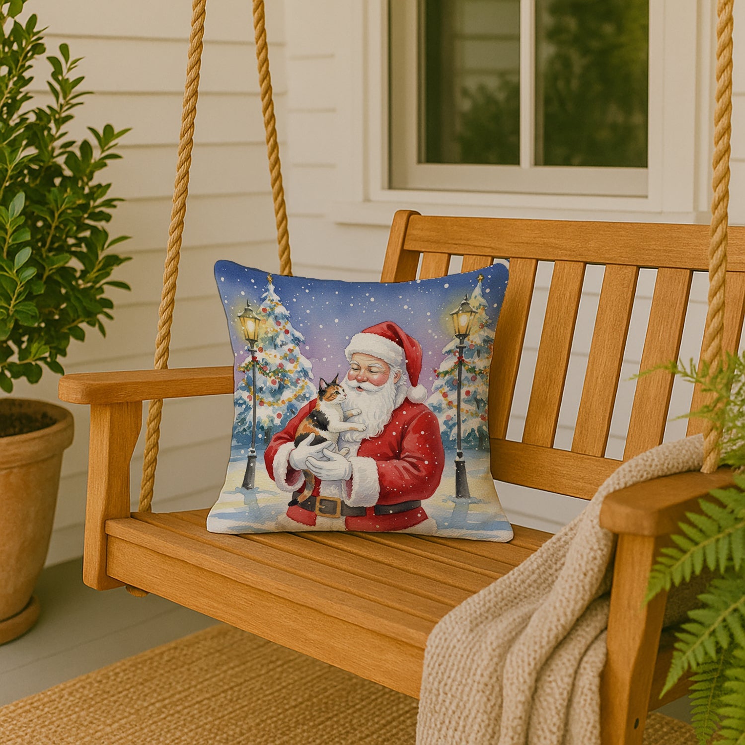 Japanese Bobtail Cat with Santa Claus Decorative Throw Pillow 18x18 Indoor Outdoor Accent Cushion, Fabric Cover with Insert for Sofa, Bed, Porch & Living Room