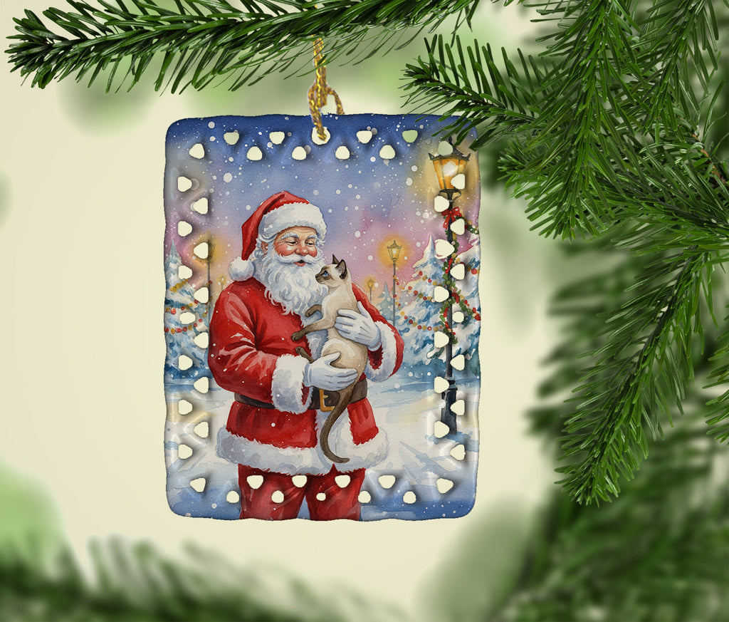 Javanese Cat with Santa Claus Porcelain Ornament Christmas Tree Hanging Decorations for Home Christmas Holiday, Rectangle, Gift, Multicolor