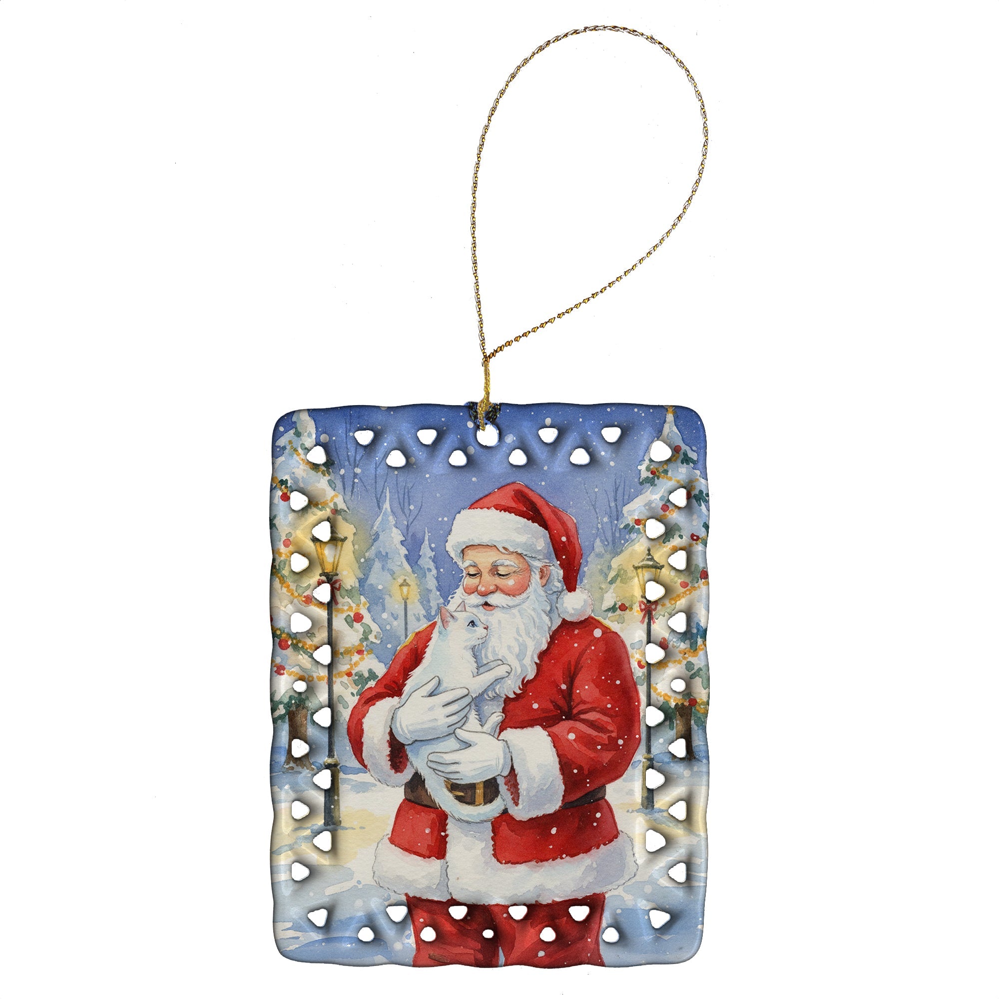 Khao Manee Cat with Santa Claus Porcelain Ornament Christmas Tree Hanging Decorations for Home Christmas Holiday, Rectangle, Gift, Multicolor