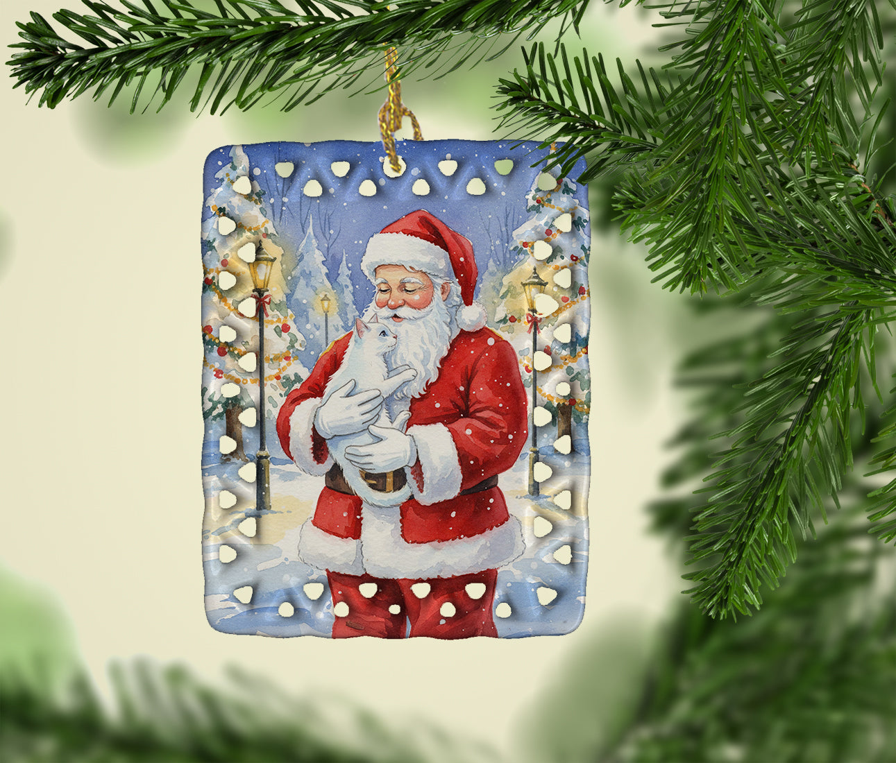 Khao Manee Cat with Santa Claus Porcelain Ornament Christmas Tree Hanging Decorations for Home Christmas Holiday, Rectangle, Gift, Multicolor