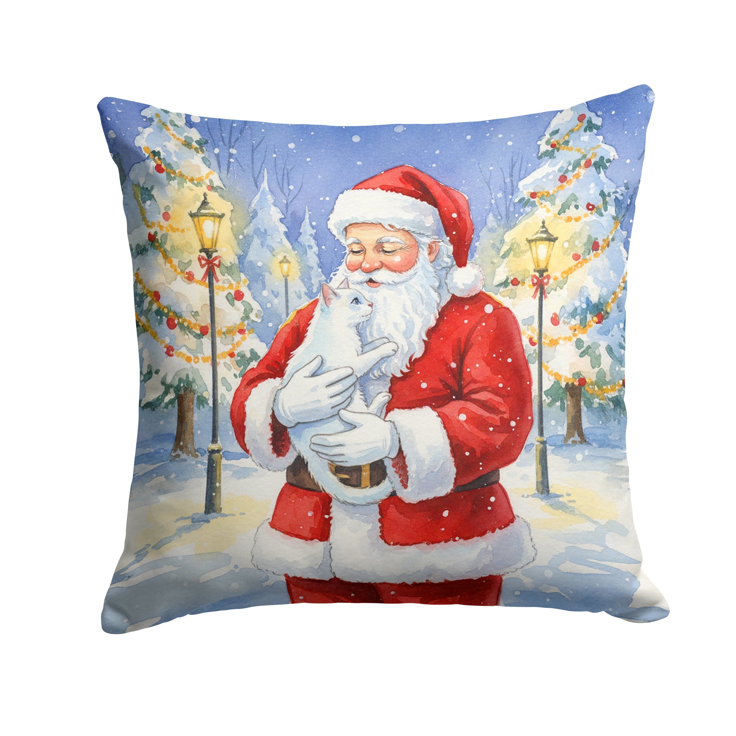 Khao Manee Cat with Santa Claus Decorative Throw Pillow 14x14 Indoor Outdoor Accent Cushion, Fabric Cover with Insert for Sofa, Bed, Porch & Living Room