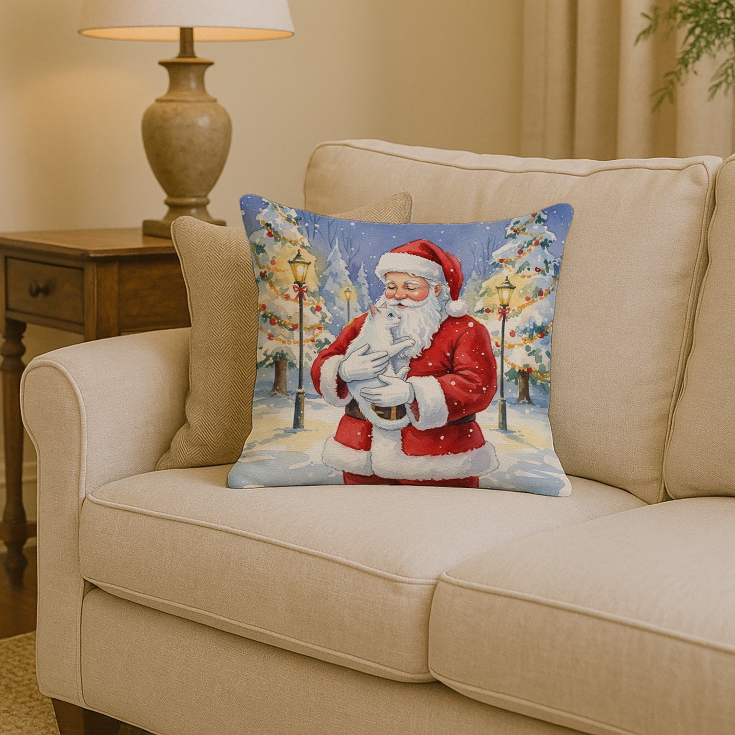 Khao Manee Cat with Santa Claus Decorative Throw Pillow 14x14 Indoor Outdoor Accent Cushion, Fabric Cover with Insert for Sofa, Bed, Porch & Living Room