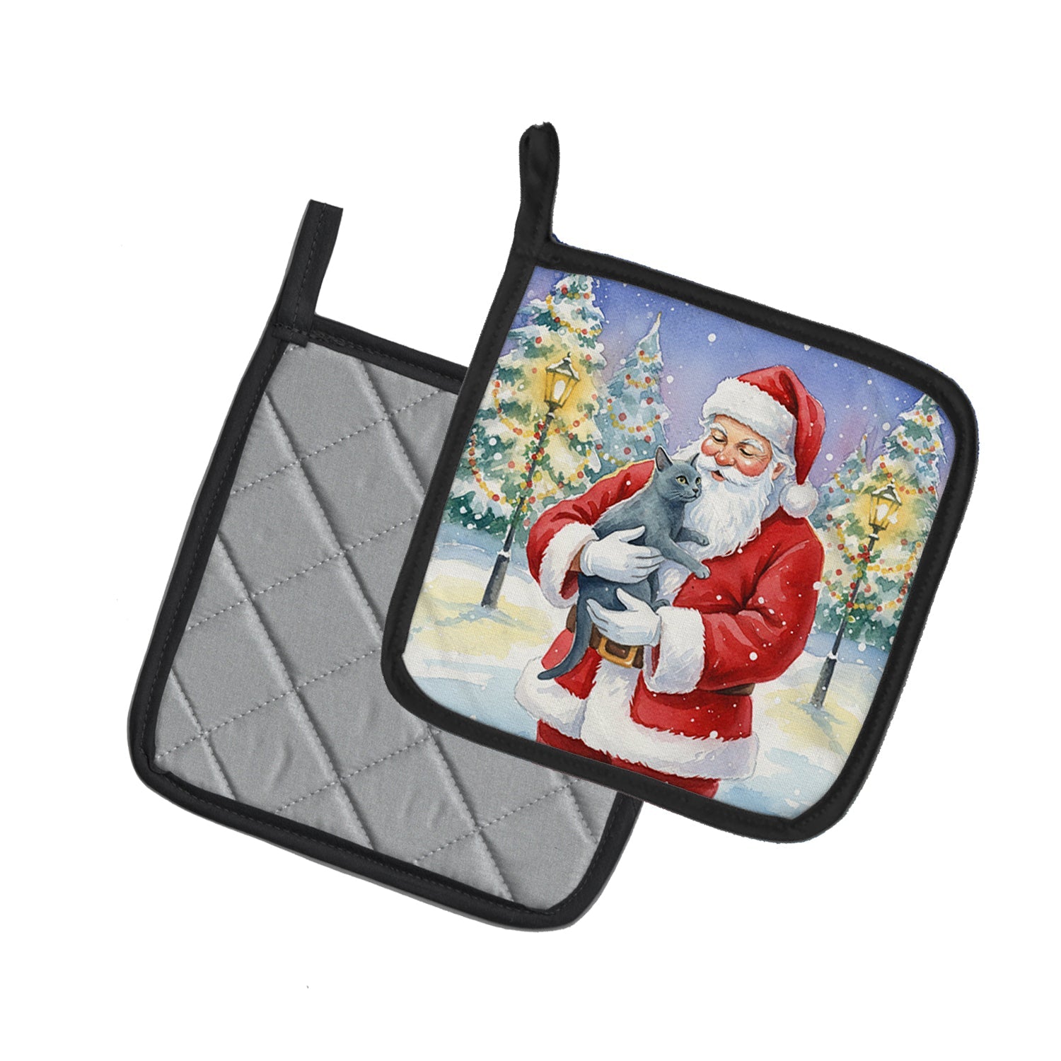 Korat Cat with Santa Claus Pot Holder Set of 2 Heat Resistant Quilted Hot Pads 7.5 x 7.5 Inch, Insulated Kitchen Trivets for Cooking & Baking