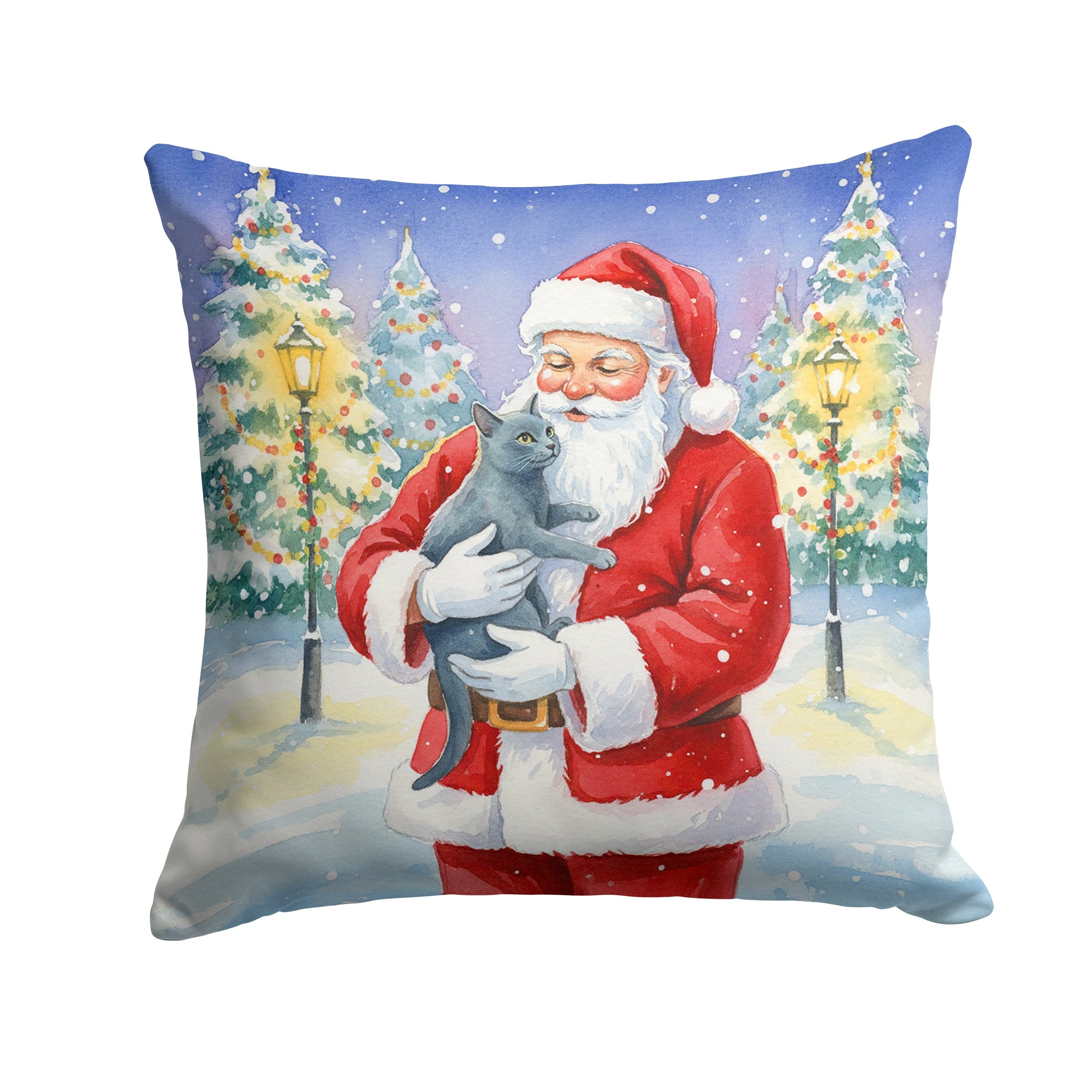 Korat Cat with Santa Claus Decorative Throw Pillow 14x14 Indoor Outdoor Accent Cushion, Fabric Cover with Insert for Sofa, Bed, Porch & Living Room