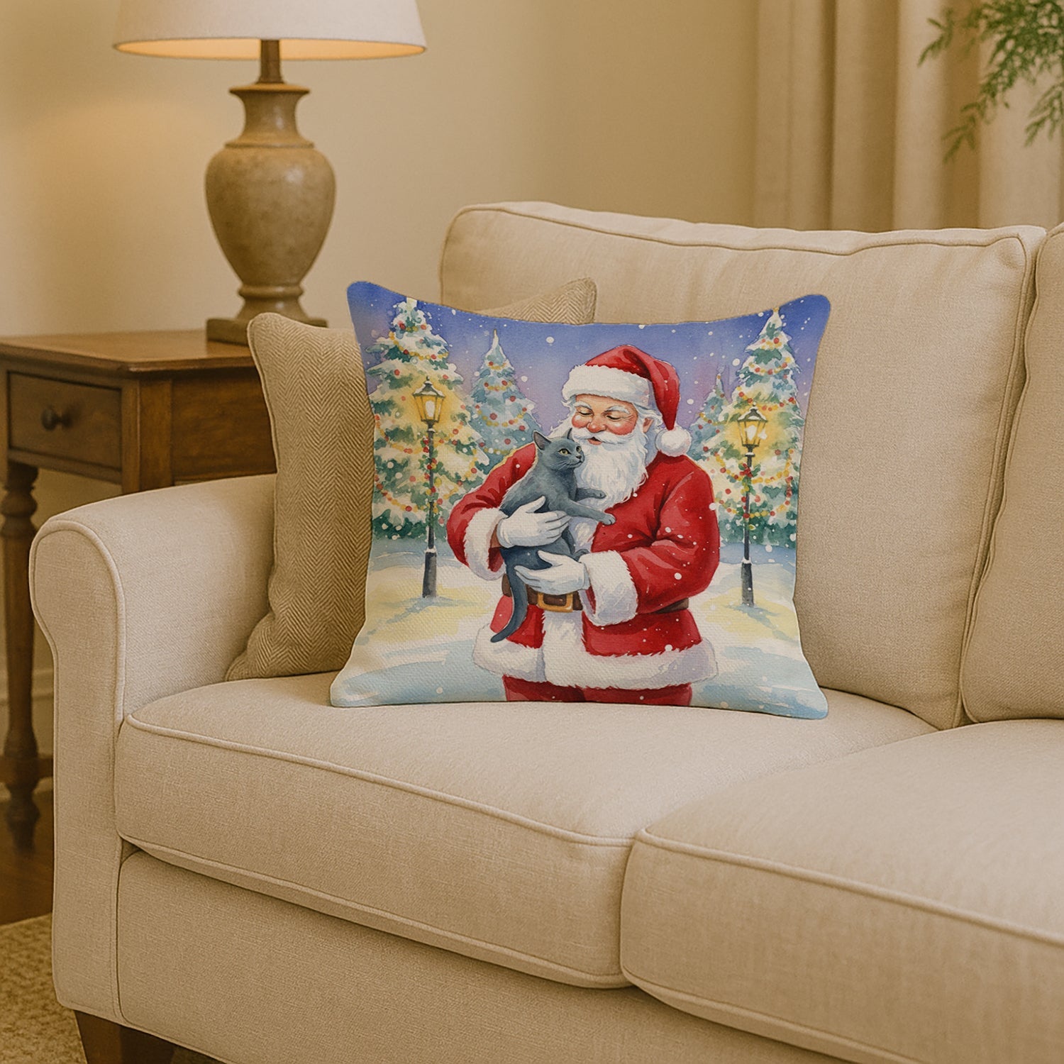 Korat Cat with Santa Claus Decorative Throw Pillow 14x14 Indoor Outdoor Accent Cushion, Fabric Cover with Insert for Sofa, Bed, Porch & Living Room
