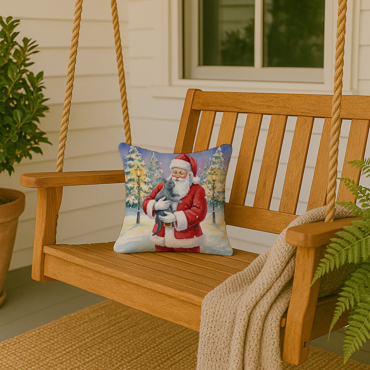 Korat Cat with Santa Claus Decorative Throw Pillow 14x14 Indoor Outdoor Accent Cushion, Fabric Cover with Insert for Sofa, Bed, Porch & Living Room