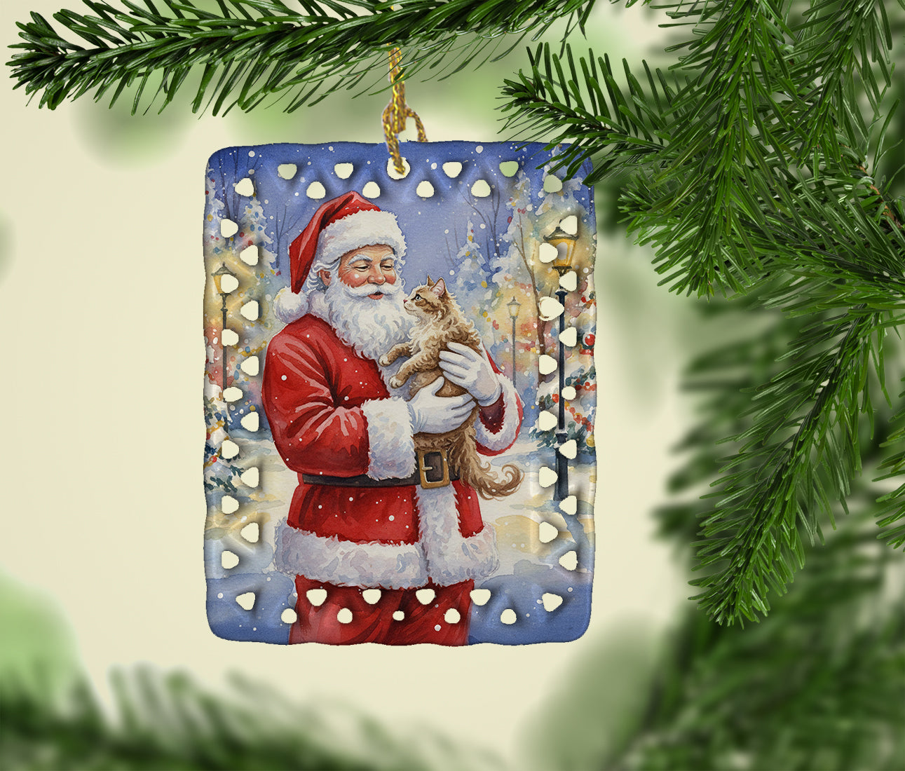 LaPerm Cat with Santa Claus Porcelain Ornament Christmas Tree Hanging Decorations for Home Christmas Holiday, Rectangle, Gift, Multicolor