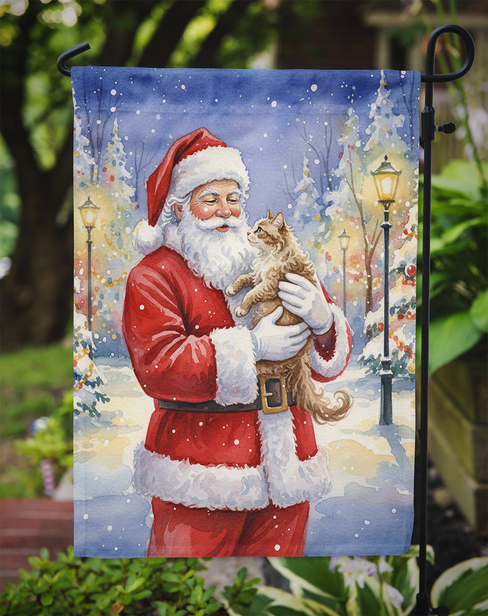 LaPerm Cat with Santa Claus Garden Flag Mailbox Decorative Yard Banner Outside Patio Artwork for Flower Beds, Garden Size, Multicolor