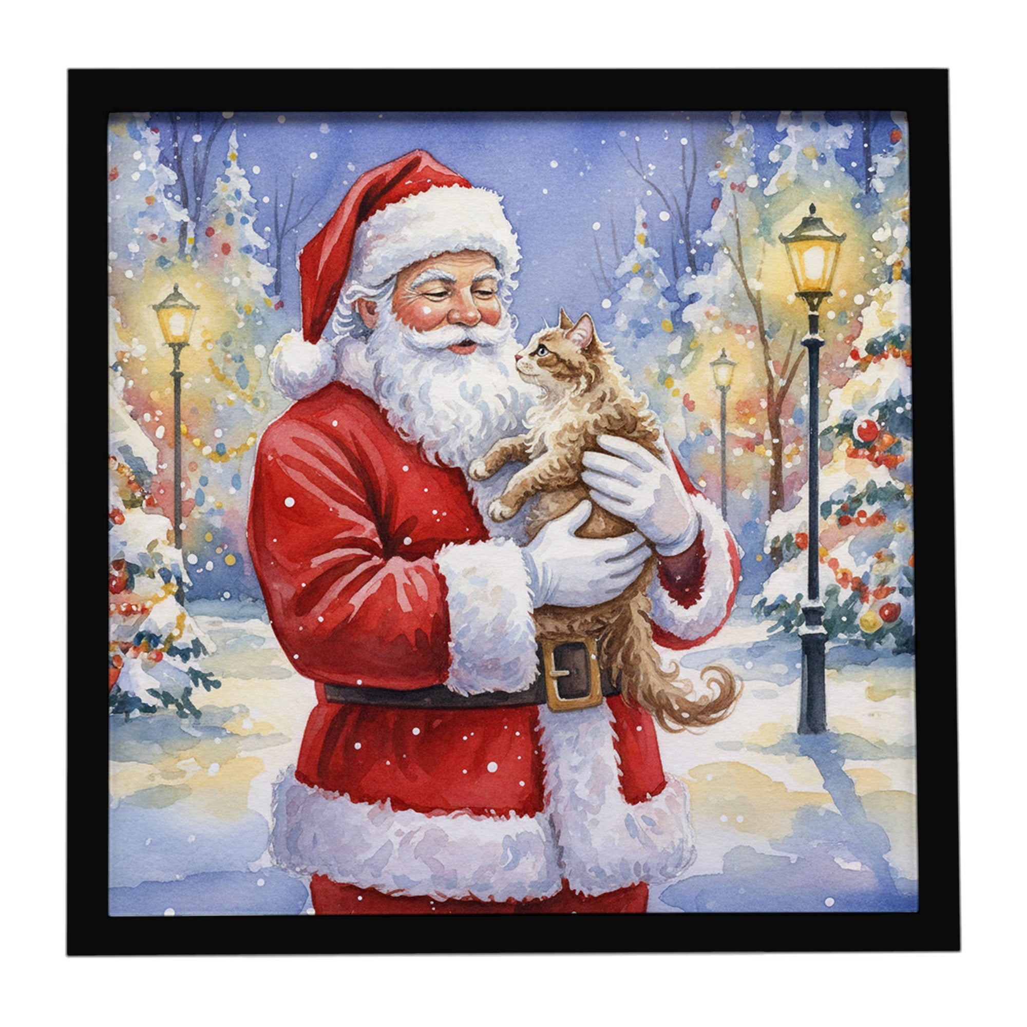 LaPerm Cat with Santa Claus Framed Metal Print Bathroom, Kitchen, Office, Home Decor Wall Art Ready to Hang, Square, 8X8