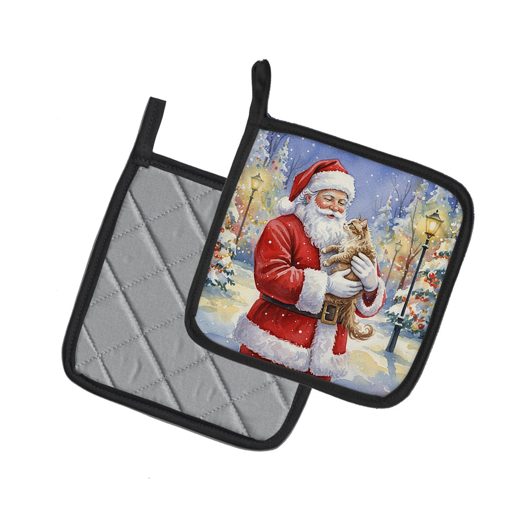 LaPerm Cat with Santa Claus Pot Holder Set of 2 Heat Resistant Quilted Hot Pads 7.5 x 7.5 Inch, Insulated Kitchen Trivets for Cooking & Baking