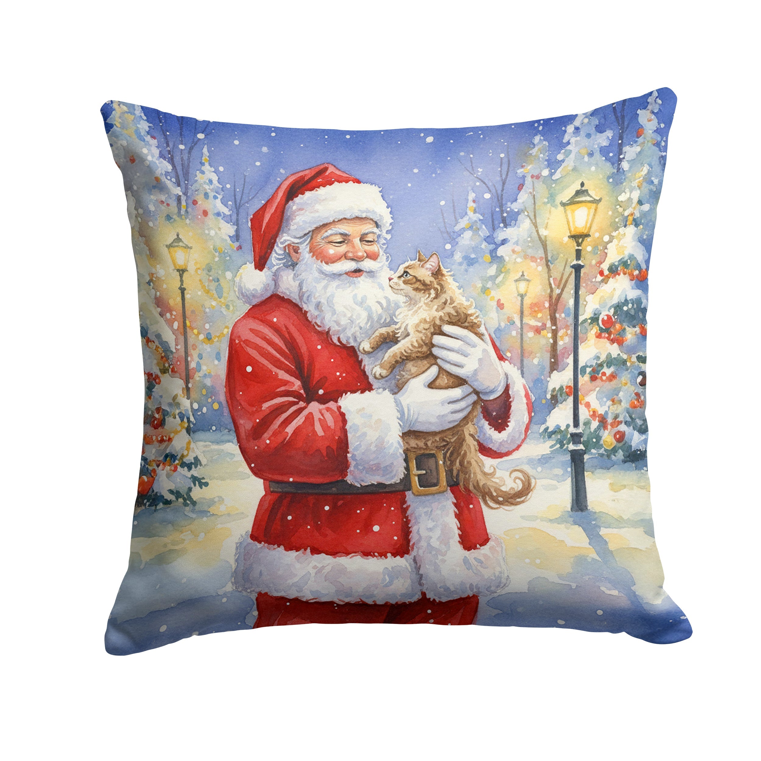 LaPerm Cat with Santa Claus Decorative Throw Pillow 14x14 Indoor Outdoor Accent Cushion, Fabric Cover with Insert for Sofa, Bed, Porch & Living Room