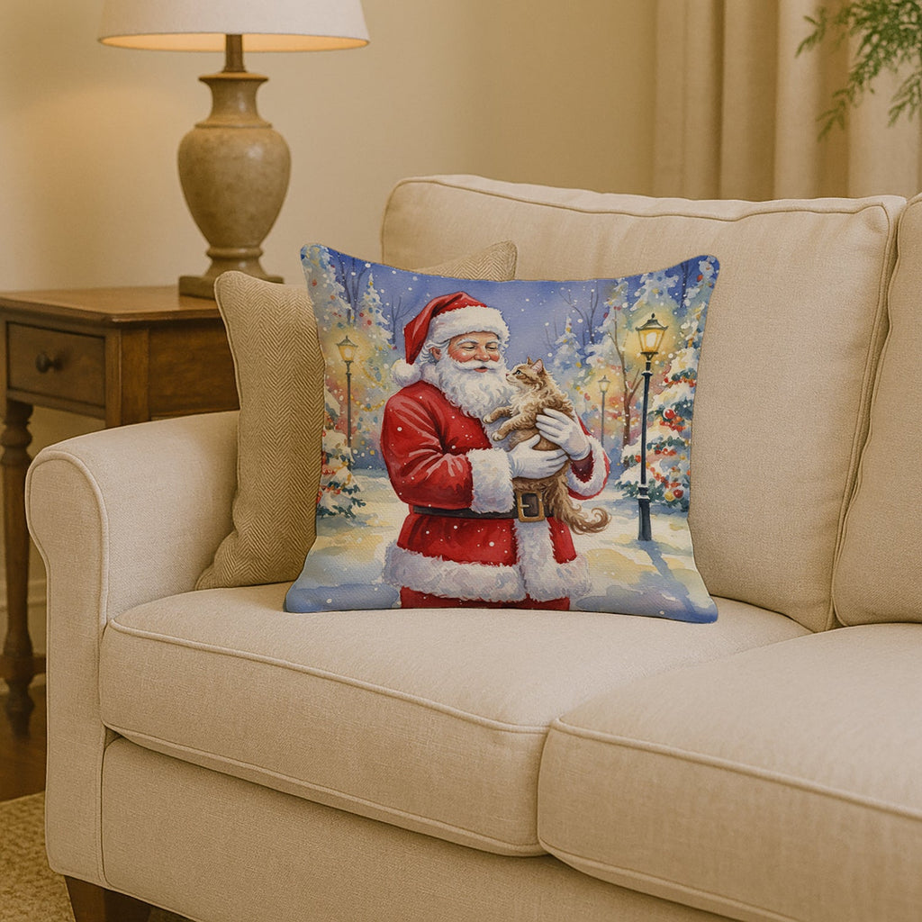 LaPerm Cat with Santa Claus Decorative Throw Pillow 14x14 Indoor Outdoor Accent Cushion, Fabric Cover with Insert for Sofa, Bed, Porch & Living Room