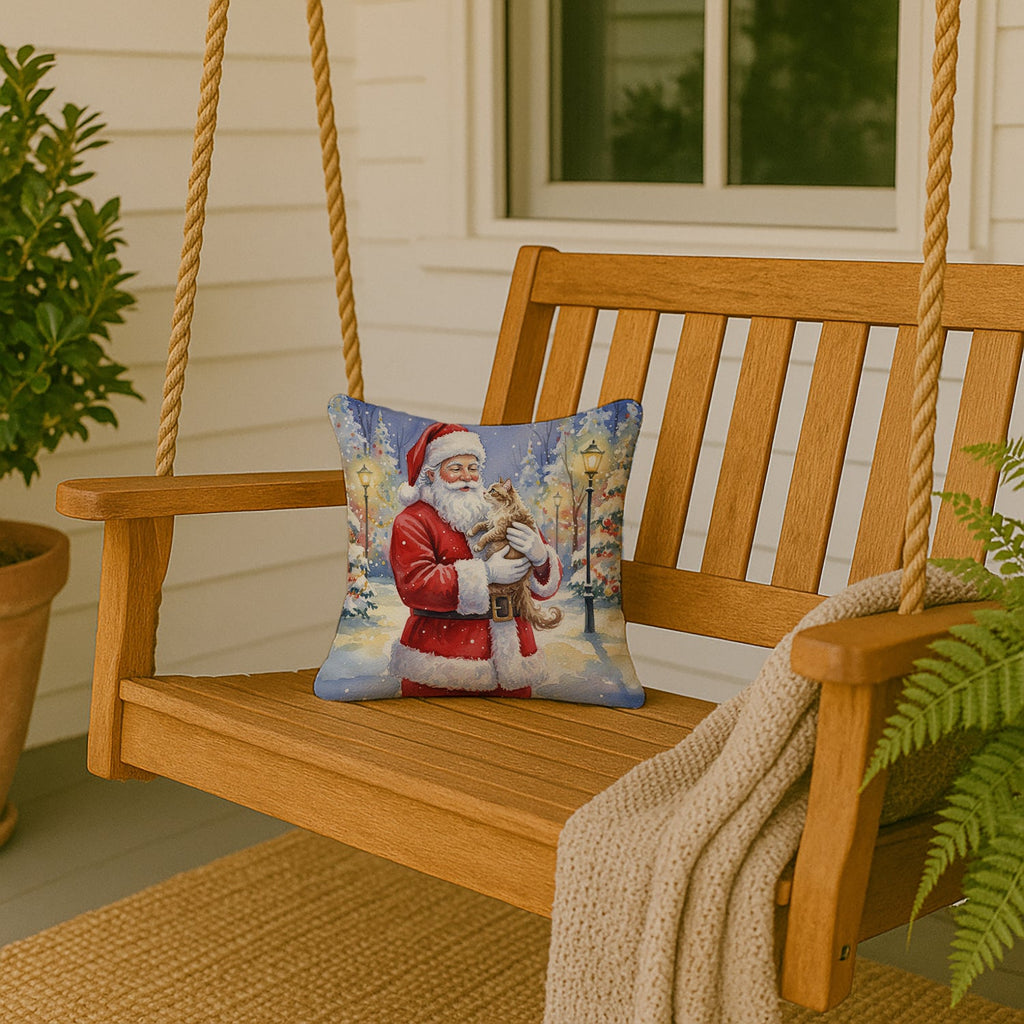 LaPerm Cat with Santa Claus Decorative Throw Pillow 14x14 Indoor Outdoor Accent Cushion, Fabric Cover with Insert for Sofa, Bed, Porch & Living Room