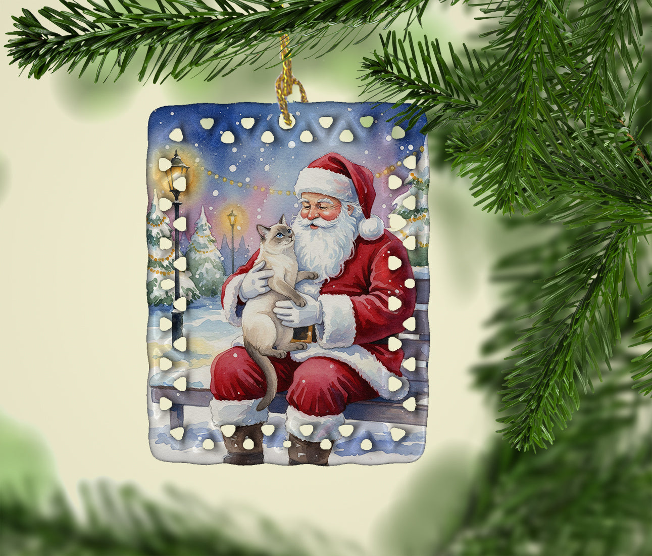 Lilac Point Cat with Santa Claus Porcelain Ornament Christmas Tree Hanging Decorations for Home Christmas Holiday, Rectangle, Gift, Multicolor