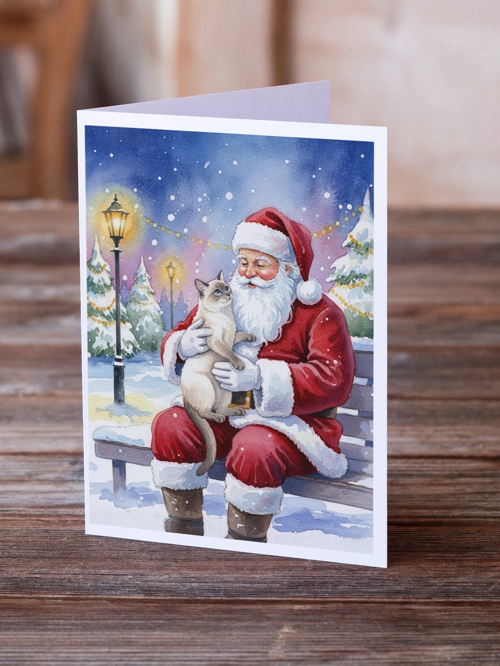Lilac Point Cat with Santa Claus Greeting Cards Pack of 8 Blank Cards with Envelopes Whimsical A7 Size 5x7