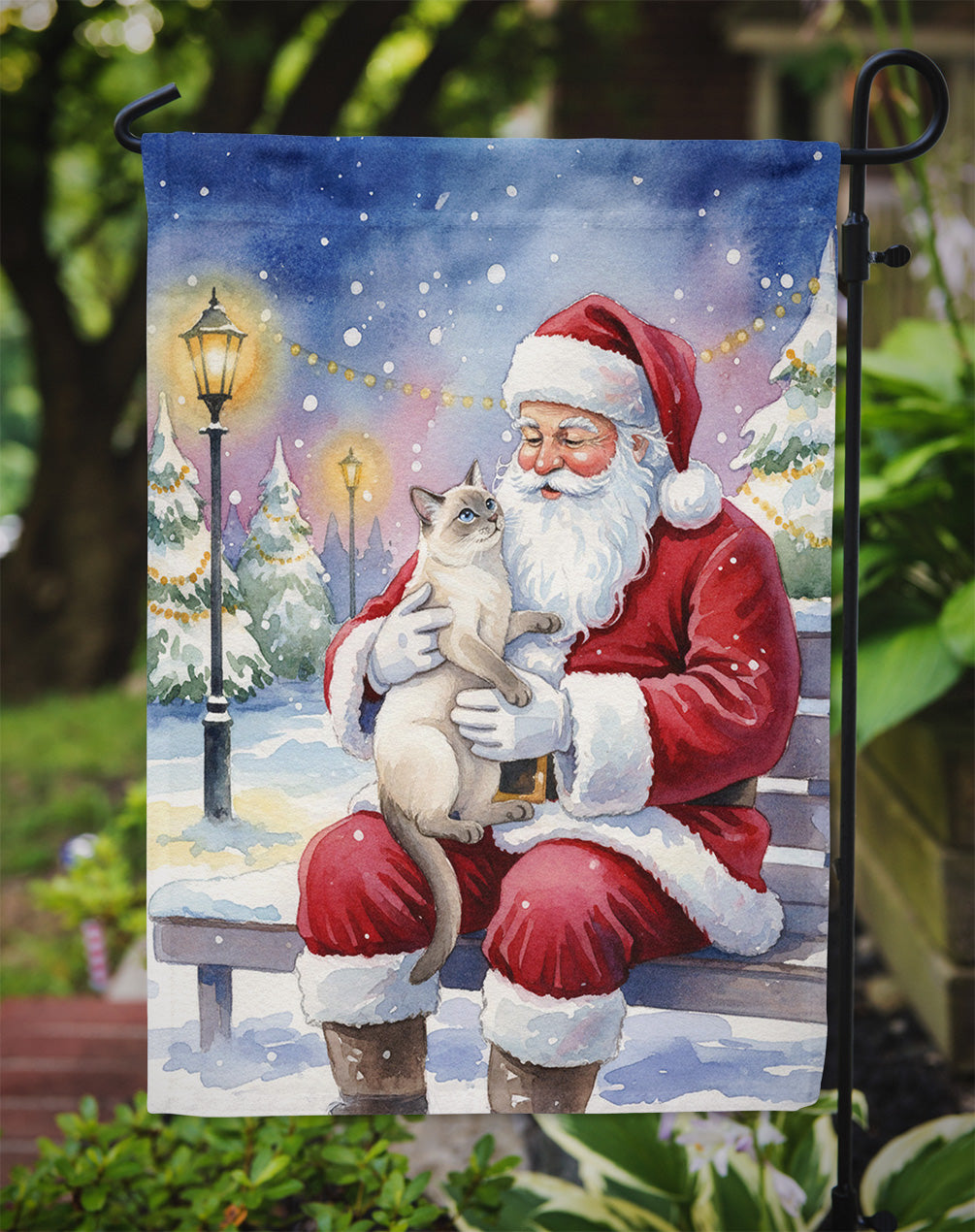 Lilac Point Cat with Santa Claus Garden Flag Mailbox Decorative Yard Banner Outside Patio Artwork for Flower Beds, Garden Size, Multicolor