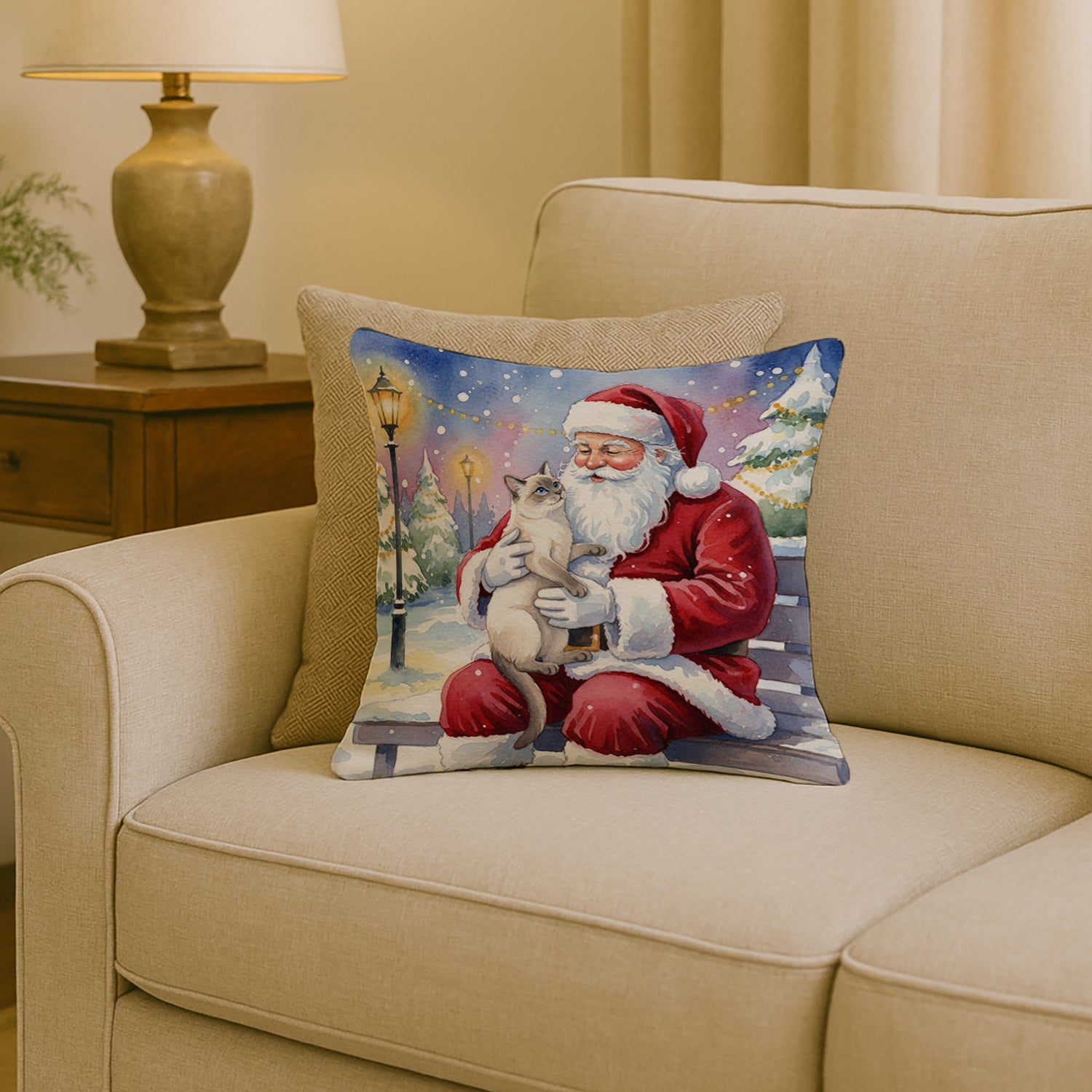 Lilac Point Cat with Santa Claus Decorative Throw Pillow 18x18 Indoor Outdoor Accent Cushion, Fabric Cover with Insert for Sofa, Bed, Porch & Living Room