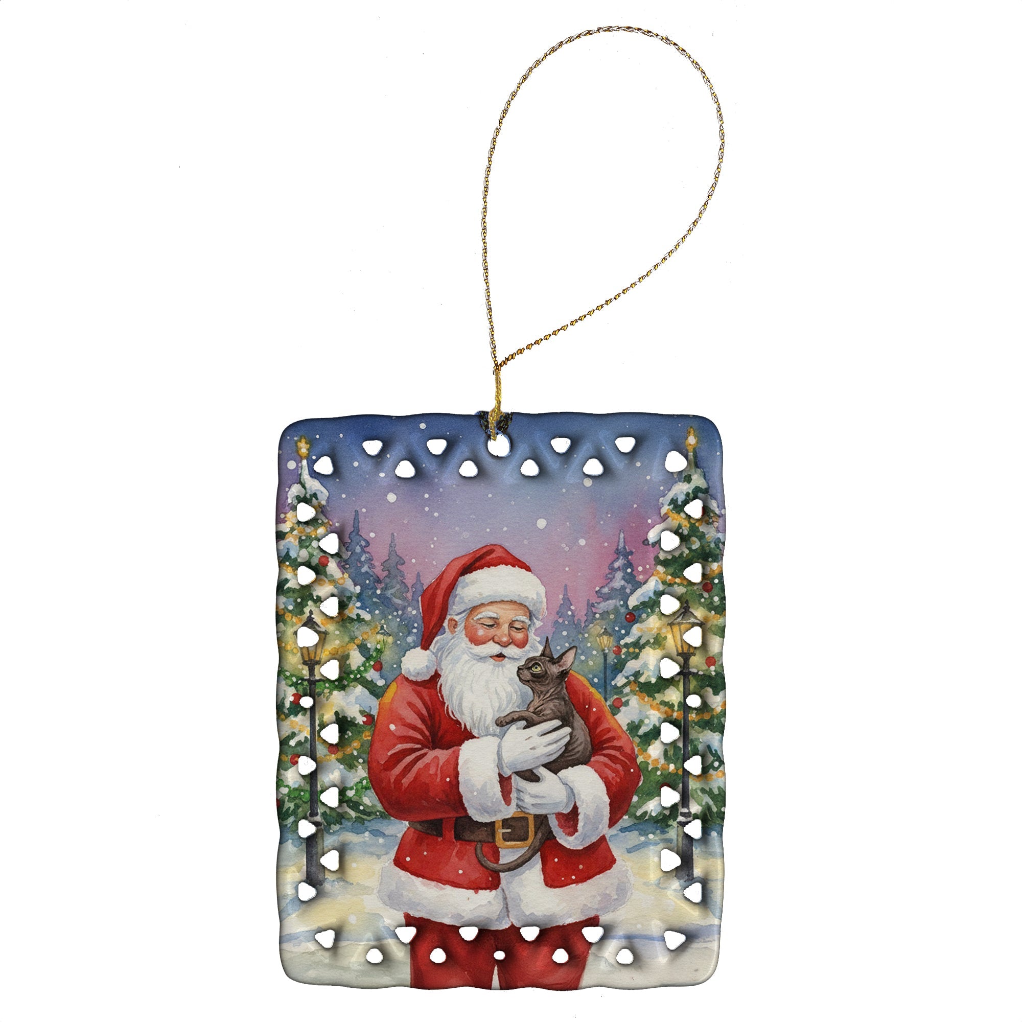 Lykoi Cat with Santa Claus Porcelain Ornament Christmas Tree Hanging Decorations for Home Christmas Holiday, Rectangle, Gift, Multicolor