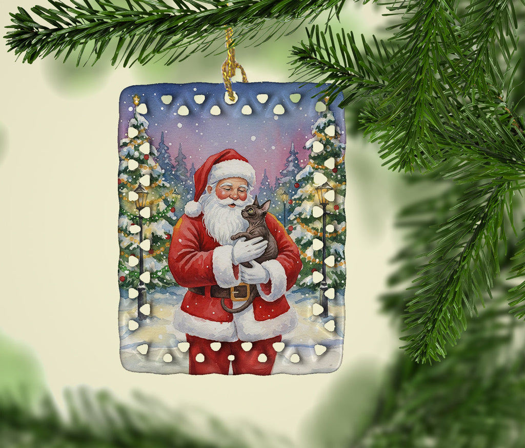 Lykoi Cat with Santa Claus Porcelain Ornament Christmas Tree Hanging Decorations for Home Christmas Holiday, Rectangle, Gift, Multicolor