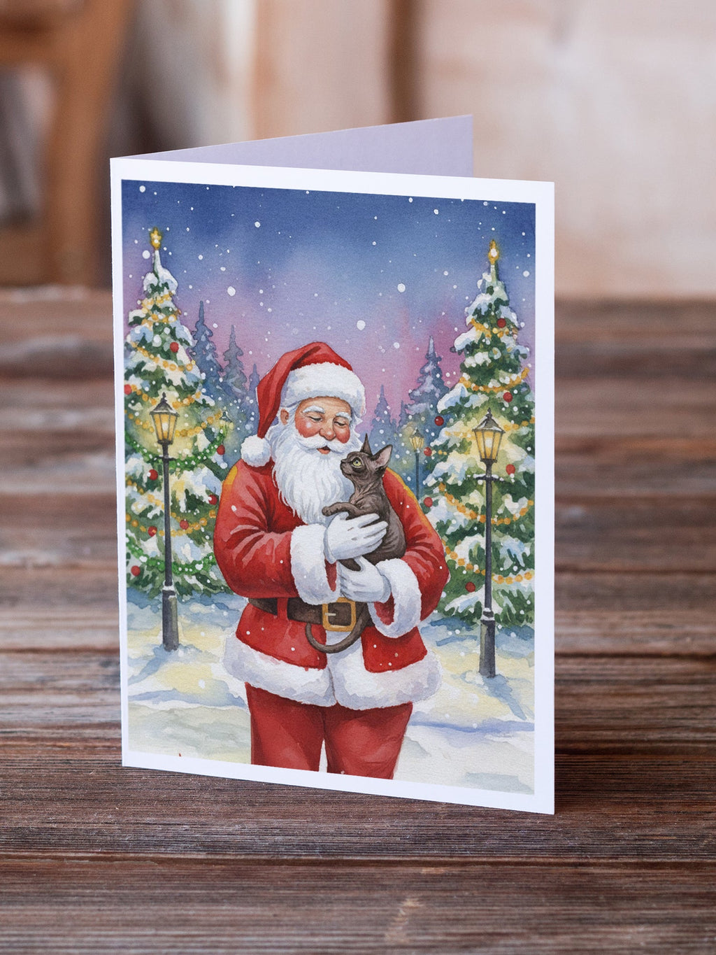 Lykoi Cat with Santa Claus Greeting Cards Pack of 8 Blank Cards with Envelopes Whimsical A7 Size 5x7