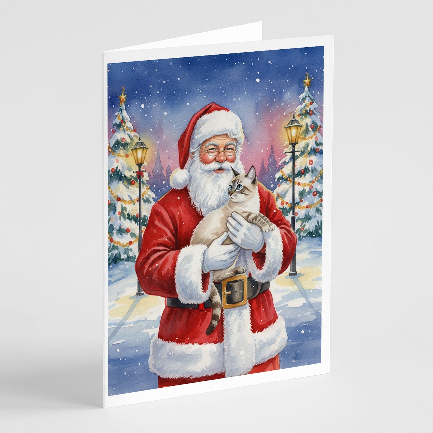 Lynx Point Cat with Santa Claus Greeting Cards Pack of 8 Blank Cards with Envelopes Whimsical A7 Size 5x7