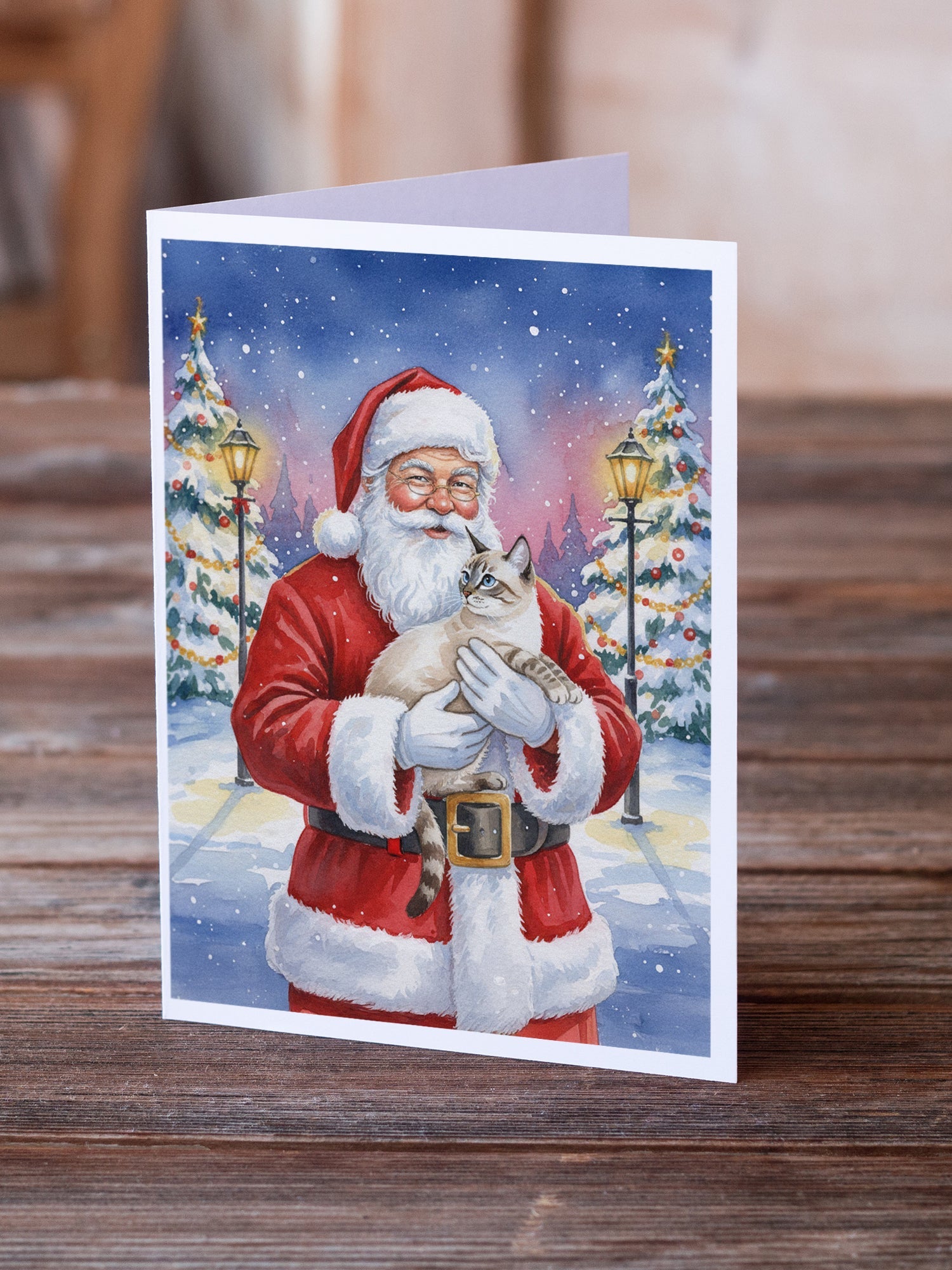 Lynx Point Cat with Santa Claus Greeting Cards Pack of 8 Blank Cards with Envelopes Whimsical A7 Size 5x7