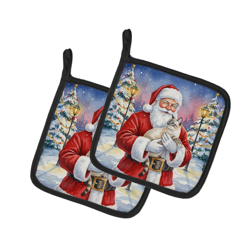 Lynx Point Cat with Santa Claus Pot Holder Set of 2 Heat Resistant Quilted Hot Pads 7.5 x 7.5 Inch, Insulated Kitchen Trivets for Cooking & Baking