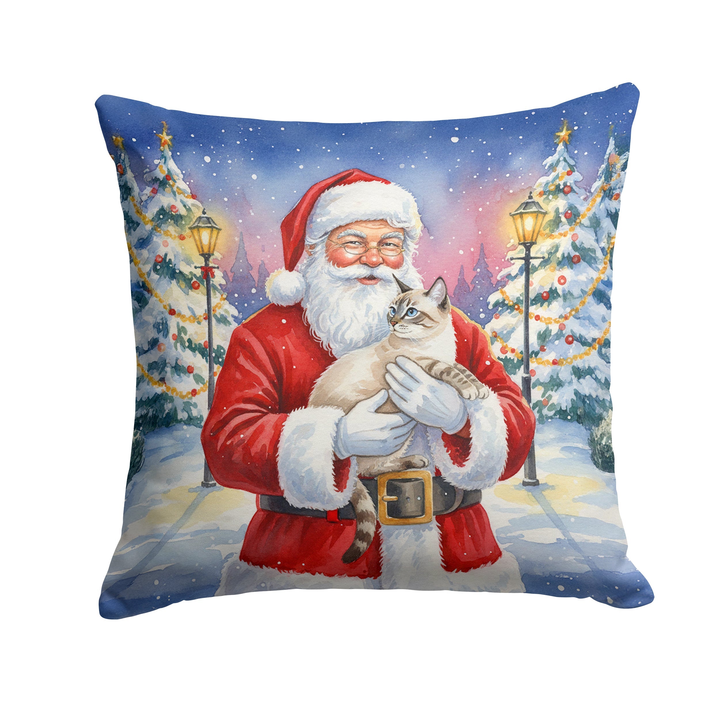 Lynx Point Cat with Santa Claus Decorative Throw Pillow 14x14 Indoor Outdoor Accent Cushion, Fabric Cover with Insert for Sofa, Bed, Porch & Living Room