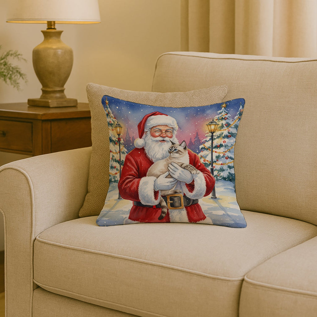 Lynx Point Cat with Santa Claus Decorative Throw Pillow 18x18 Indoor Outdoor Accent Cushion, Fabric Cover with Insert for Sofa, Bed, Porch & Living Room