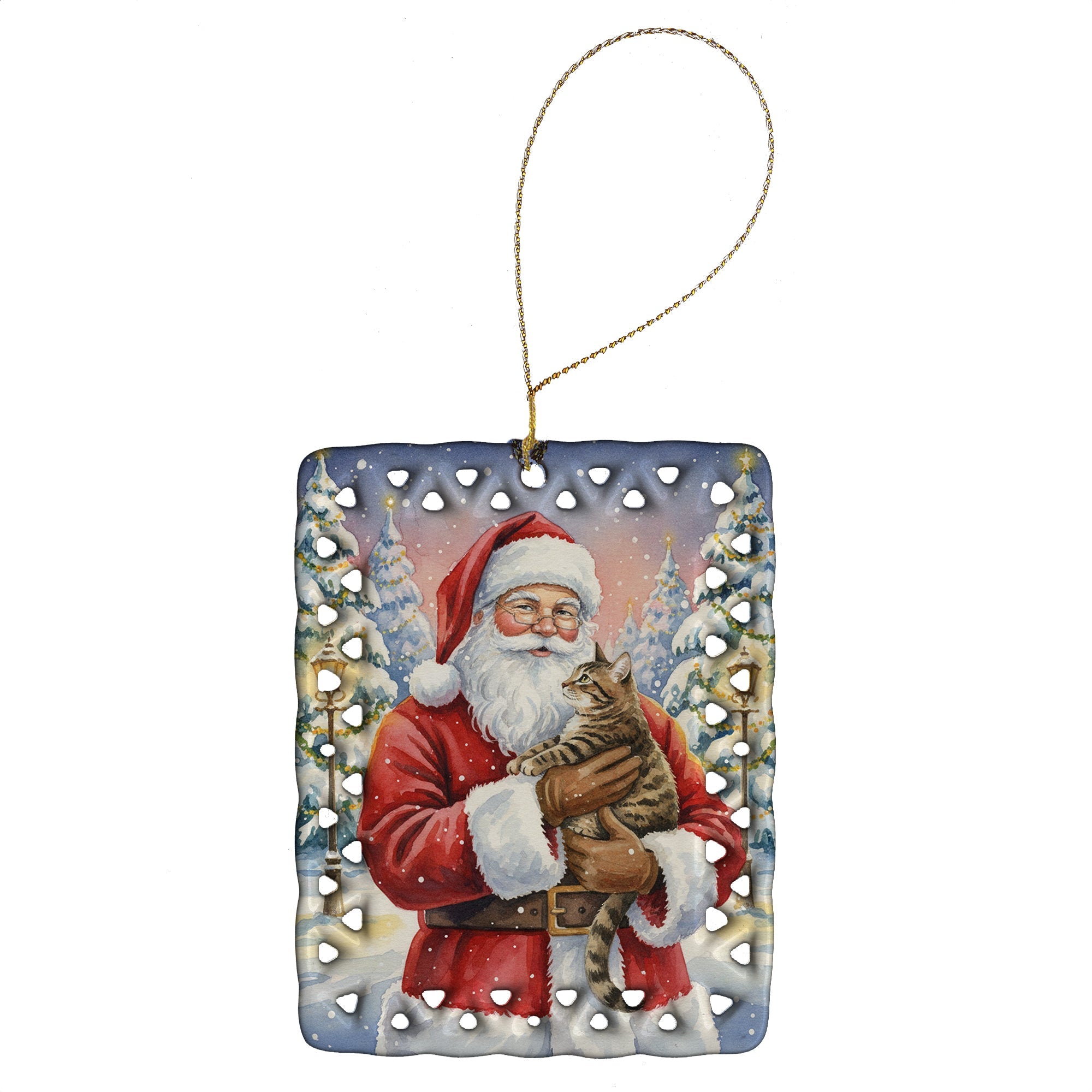 Mackerel Tabby Brown Cat with Santa Claus Porcelain Ornament Christmas Tree Hanging Decorations for Home Christmas Holiday, Rectangle, Gift, Multicolor