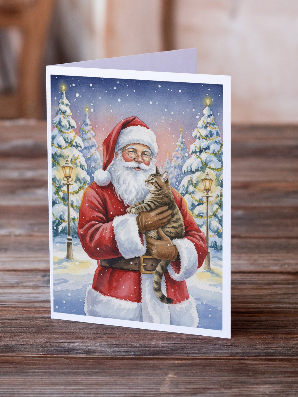 Mackerel Tabby Brown Cat with Santa Claus Greeting Cards Pack of 8 Blank Cards with Envelopes Whimsical A7 Size 5x7