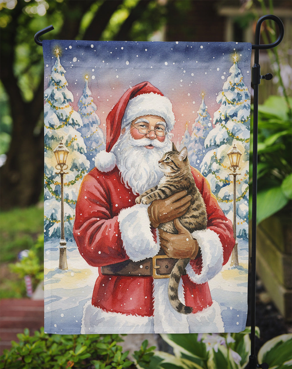 Mackerel Tabby Brown Cat with Santa Claus Garden Flag Mailbox Decorative Yard Banner Outside Patio Artwork for Flower Beds, Garden Size, Multicolor