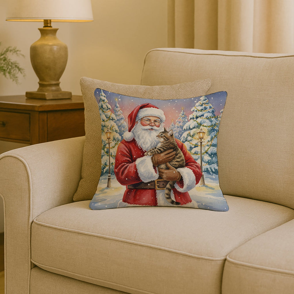 Mackerel Tabby Brown Cat with Santa Claus Decorative Throw Pillow 18x18 Indoor Outdoor Accent Cushion, Fabric Cover with Insert for Sofa, Bed, Porch & Living Room