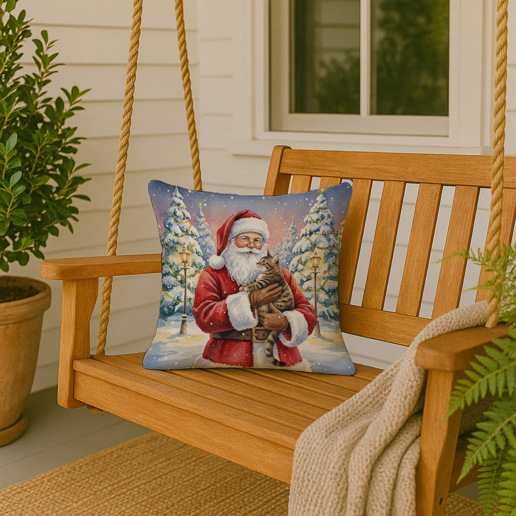 Mackerel Tabby Brown Cat with Santa Claus Decorative Throw Pillow 18x18 Indoor Outdoor Accent Cushion, Fabric Cover with Insert for Sofa, Bed, Porch & Living Room