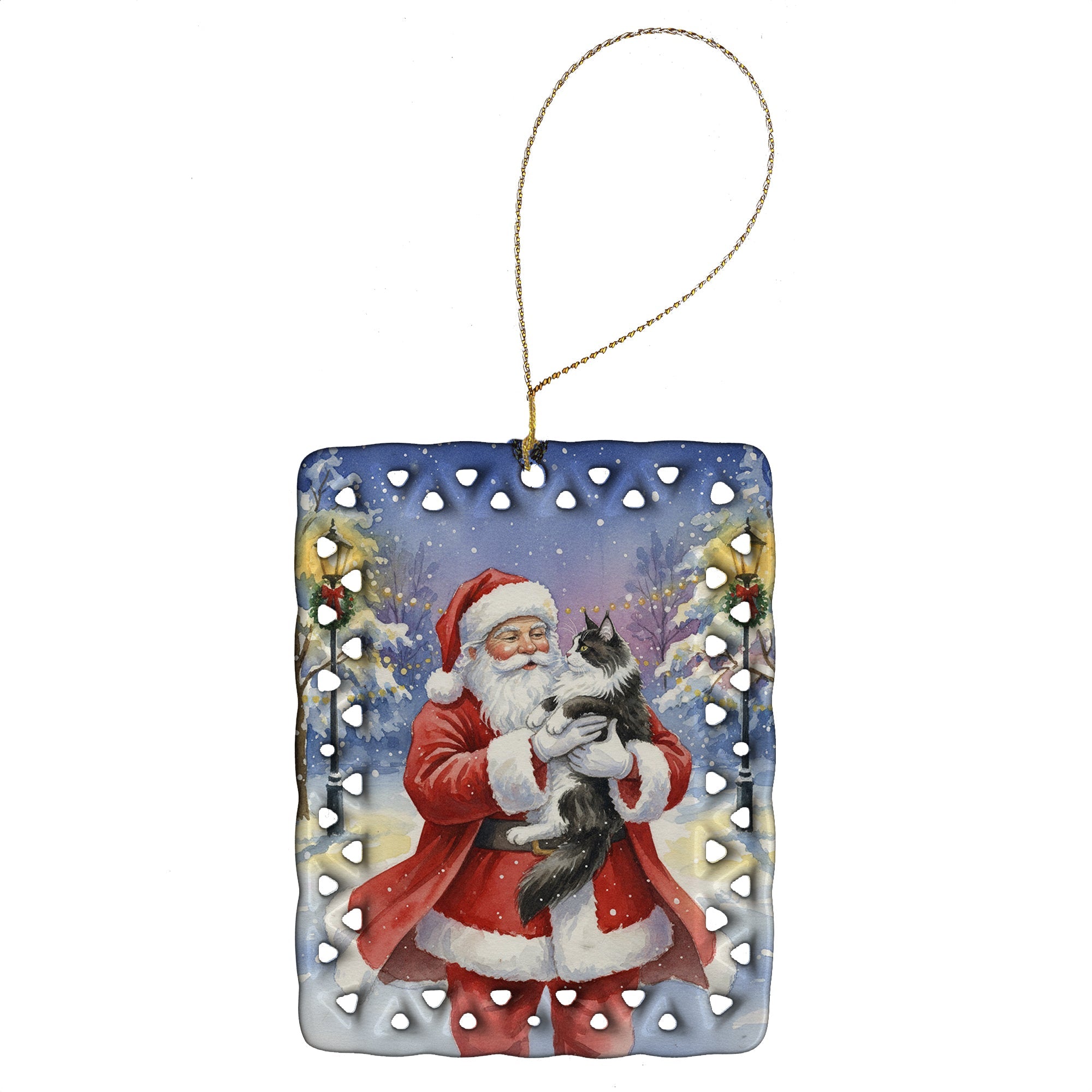 MaineCoon Black & White Cat with Santa Claus Porcelain Ornament Christmas Tree Hanging Decorations for Home Christmas Holiday, Rectangle, Gift, Multicolor