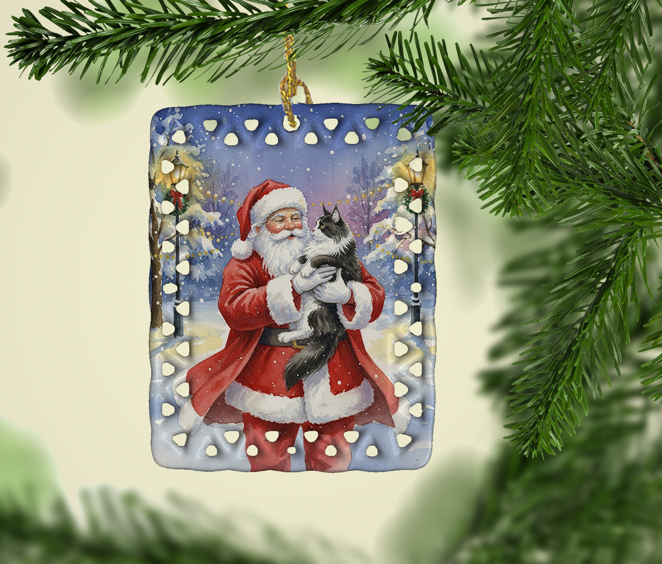 MaineCoon Black & White Cat with Santa Claus Porcelain Ornament Christmas Tree Hanging Decorations for Home Christmas Holiday, Rectangle, Gift, Multicolor