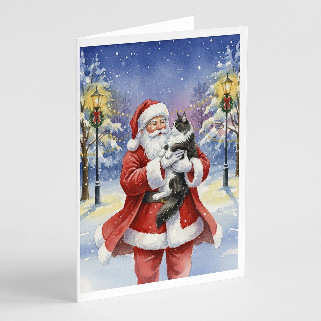 MaineCoon Black & White Cat with Santa Claus Greeting Cards Pack of 8 Blank Cards with Envelopes Whimsical A7 Size 5x7