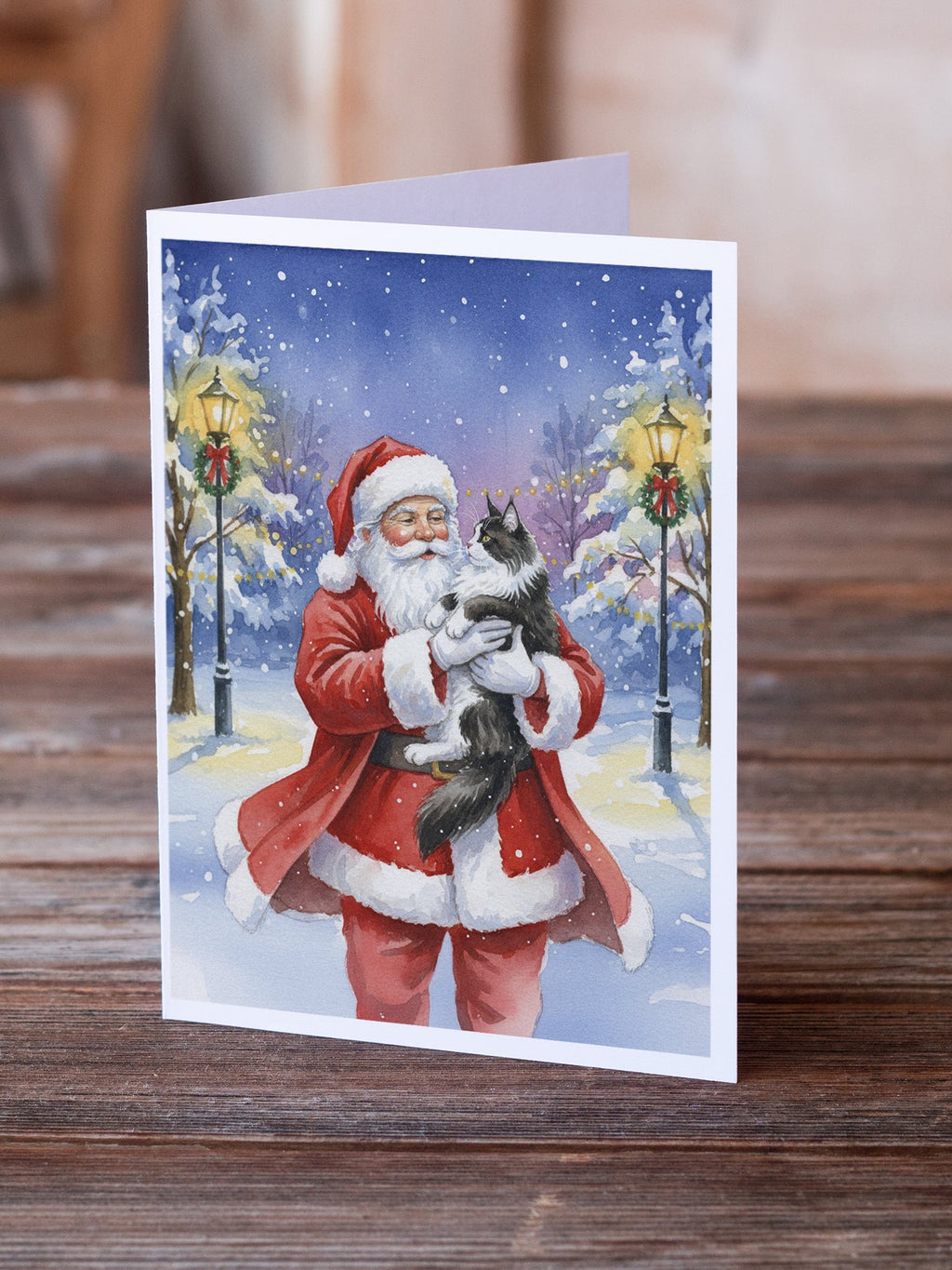 MaineCoon Black & White Cat with Santa Claus Greeting Cards Pack of 8 Blank Cards with Envelopes Whimsical A7 Size 5x7