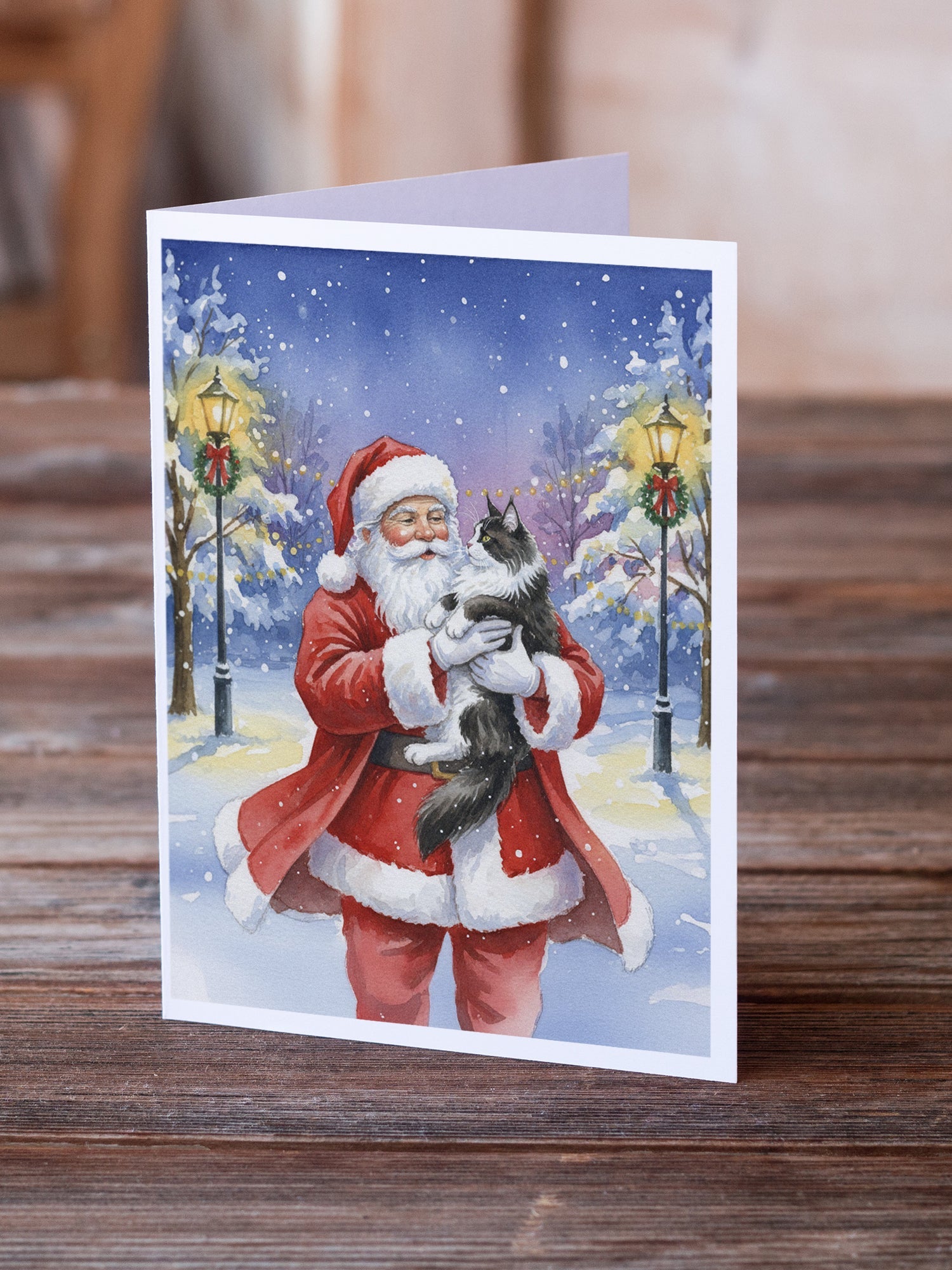 MaineCoon Black & White Cat with Santa Claus Greeting Cards Pack of 8 Blank Cards with Envelopes Whimsical A7 Size 5x7