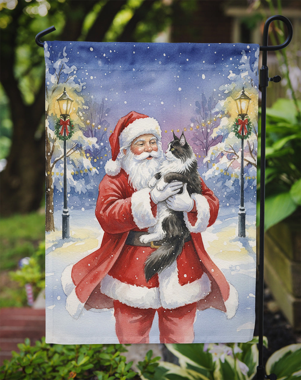 MaineCoon Black & White Cat with Santa Claus Garden Flag Mailbox Decorative Yard Banner Outside Patio Artwork for Flower Beds, Garden Size, Multicolor