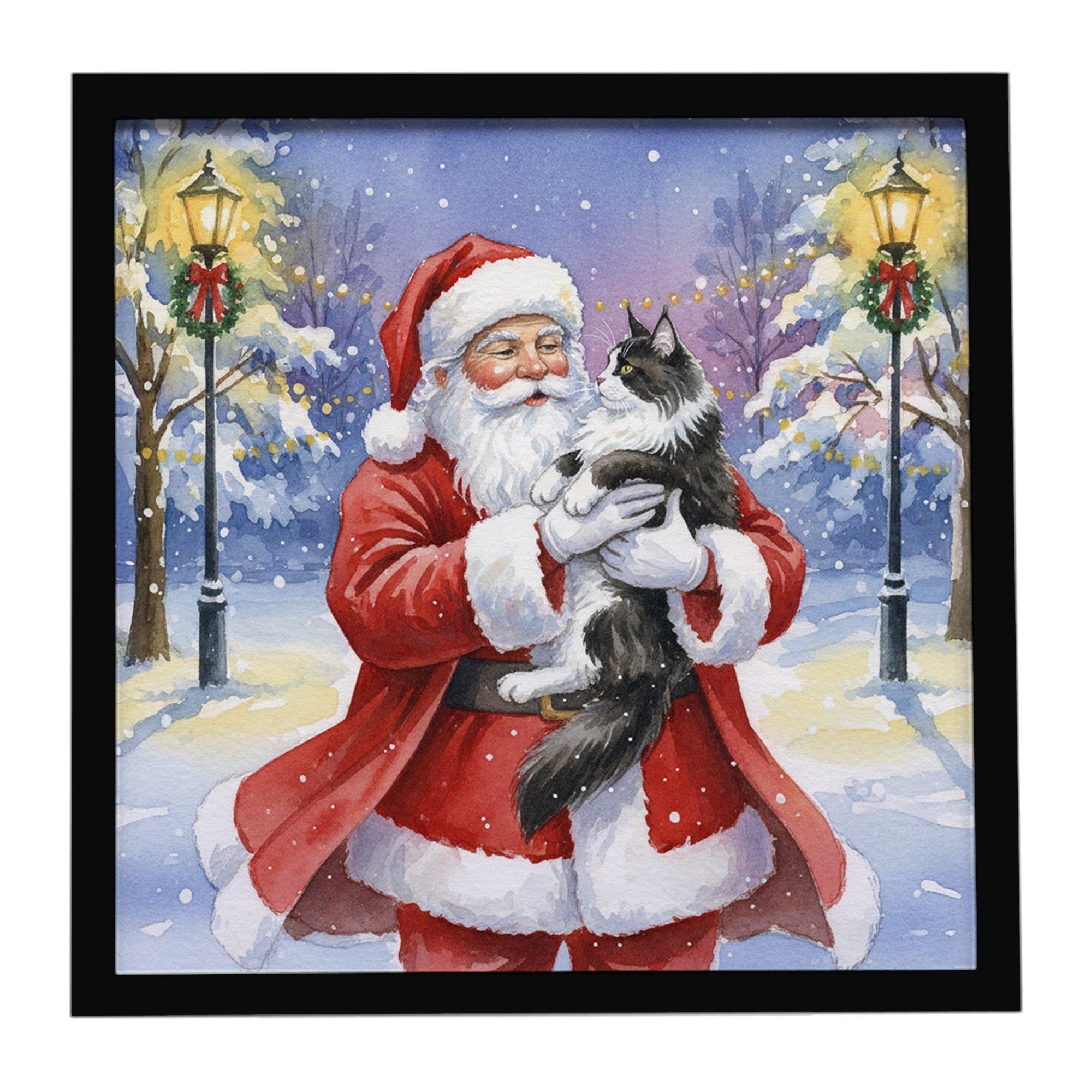 MaineCoon Black & White Cat with Santa Claus Framed Metal Print Bathroom, Kitchen, Office, Home Decor Wall Art Ready to Hang, Square, 8X8