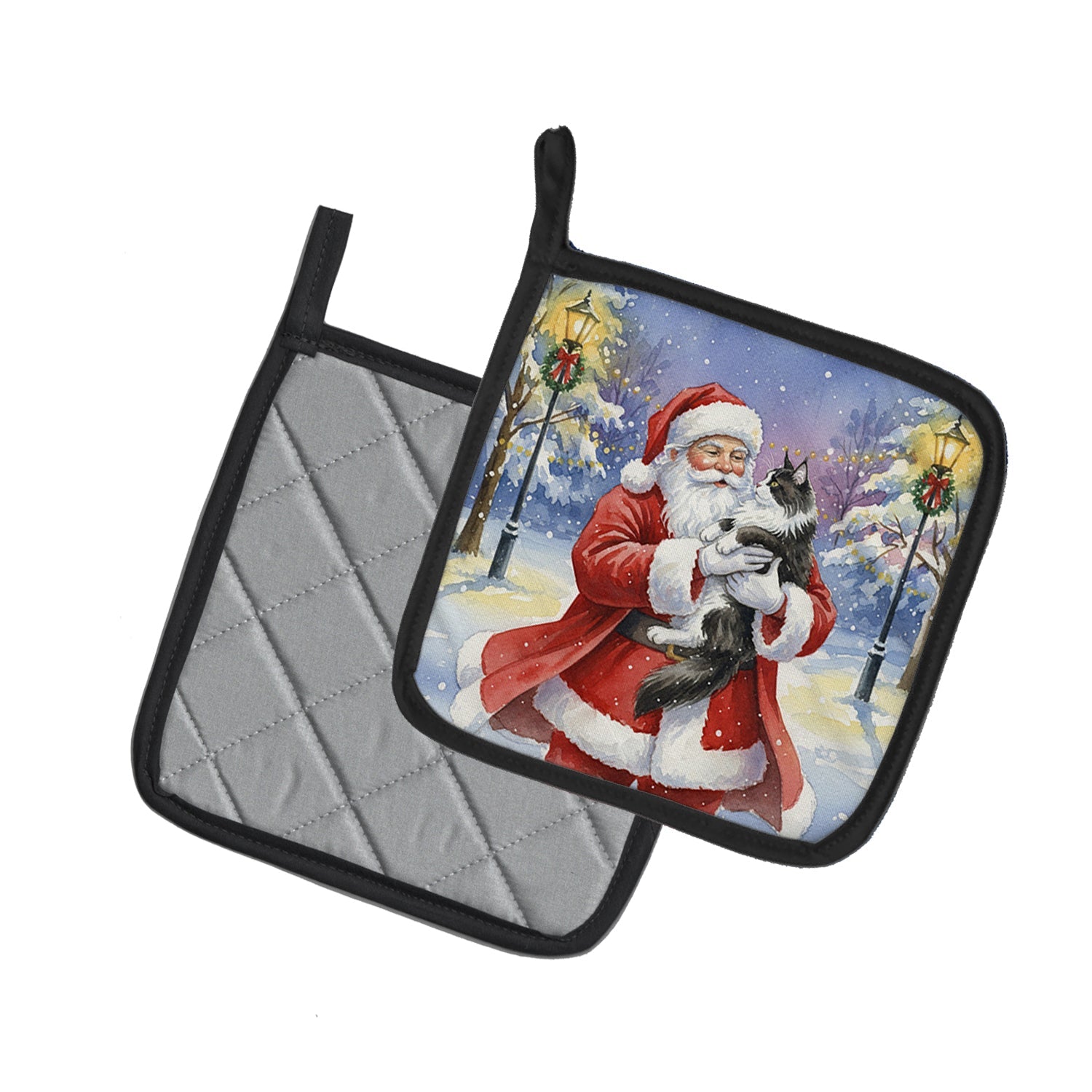 MaineCoon Black & White Cat with Santa Claus Pot Holder Set of 2 Heat Resistant Quilted Hot Pads 7.5 x 7.5 Inch, Insulated Kitchen Trivets for Cooking & Baking