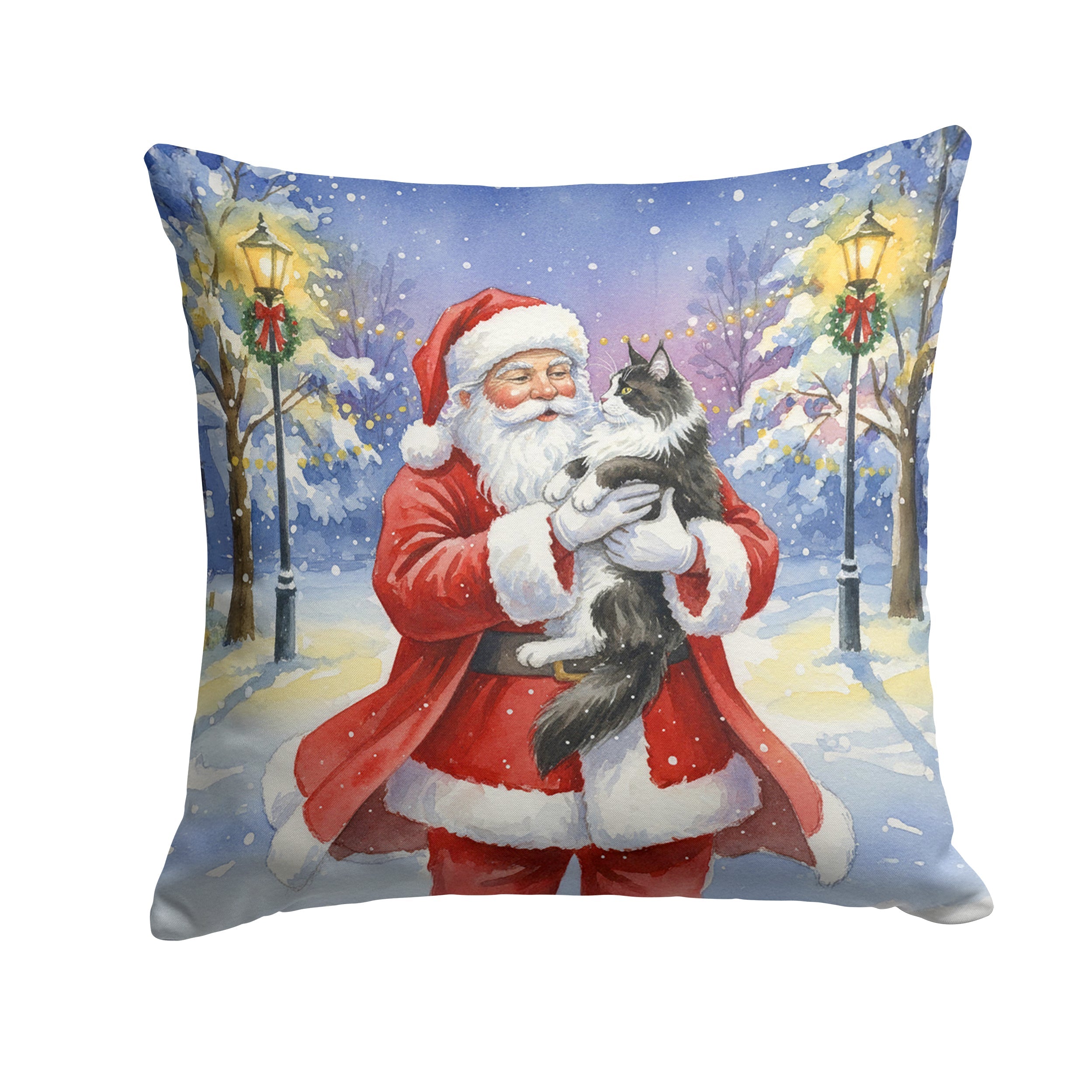 MaineCoon Black & White Cat with Santa Claus Decorative Throw Pillow 14x14 Indoor Outdoor Accent Cushion, Fabric Cover with Insert for Sofa, Bed, Porch & Living Room